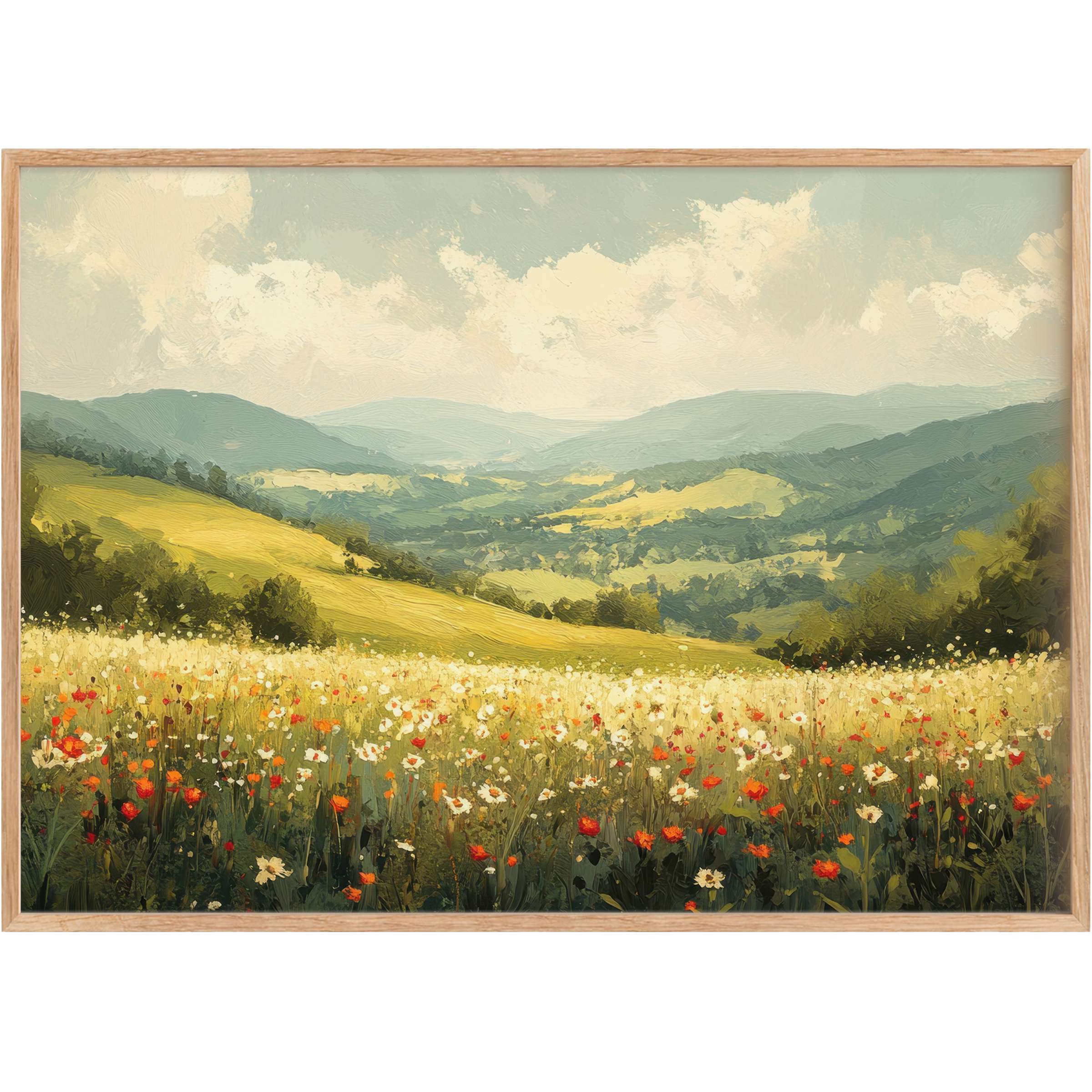 Radiant landscape printable wall art with lush green hills and vibrant wildflowers, elevating serene interiors with warm, uplifting charm