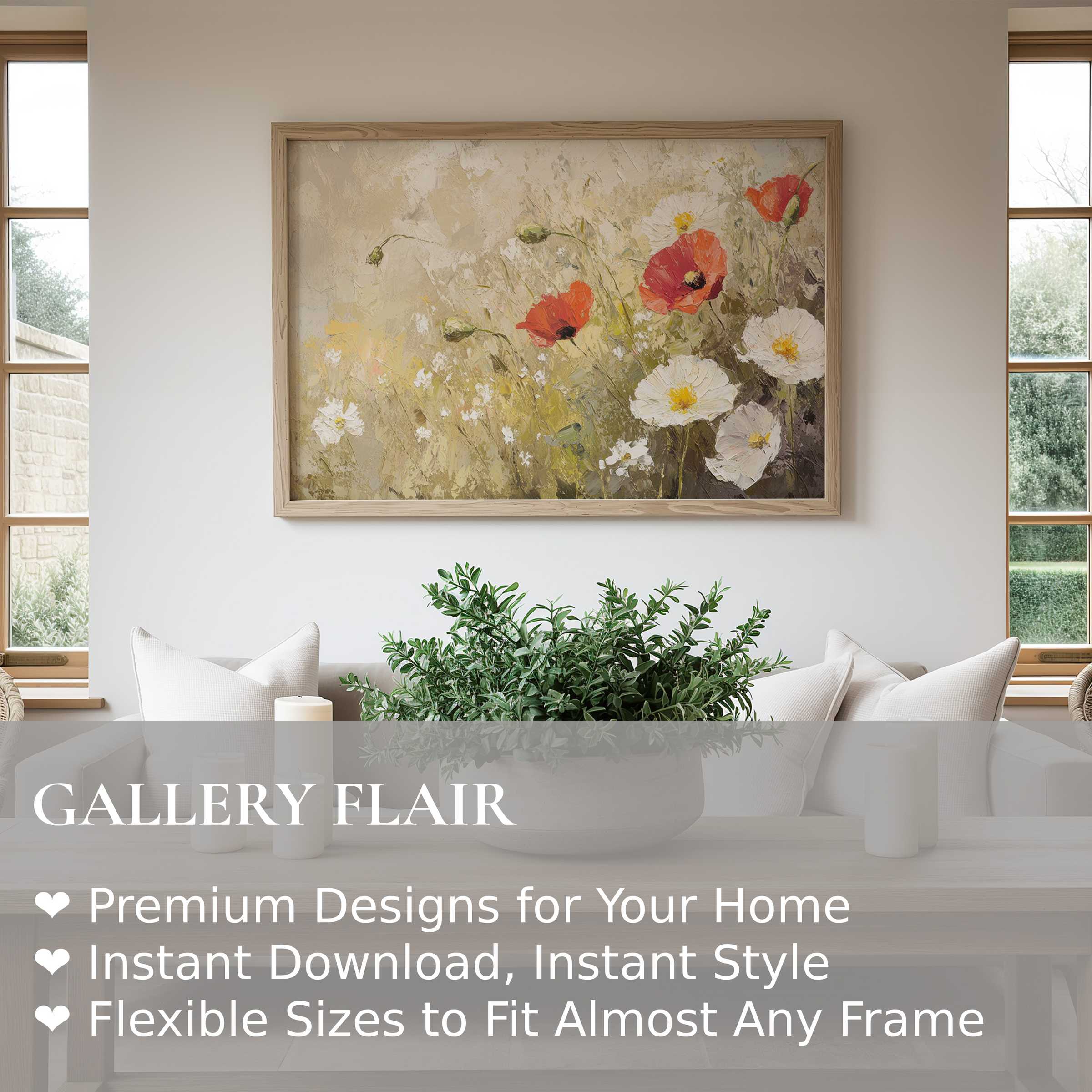 Radiant spring wall art print with blooming poppies and daisies, enhancing modern minimalist interiors with soft, nature-inspired elegance