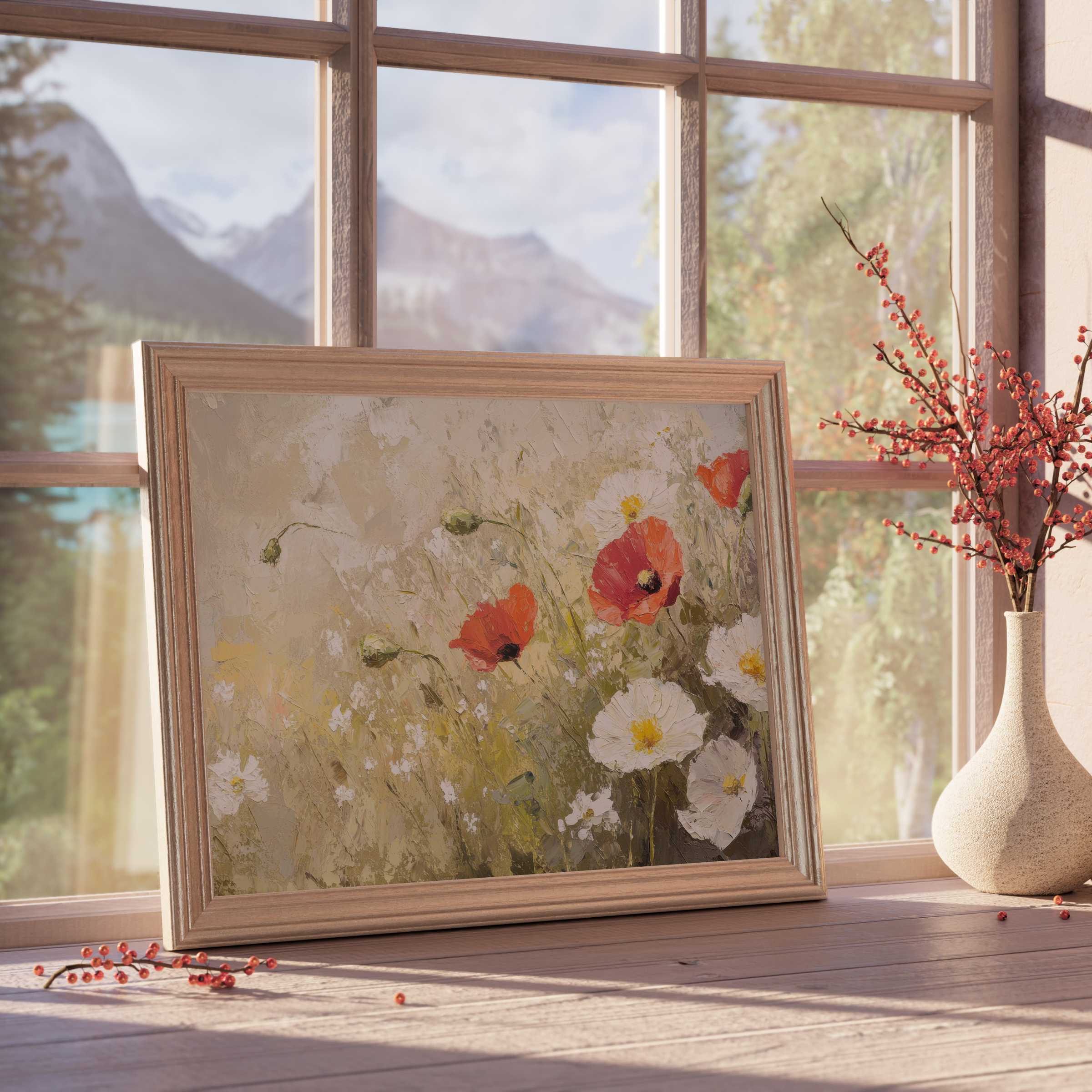 Spring downloadable art featuring vibrant poppies and delicate wildflowers, perfect for elevating serene, curated interiors