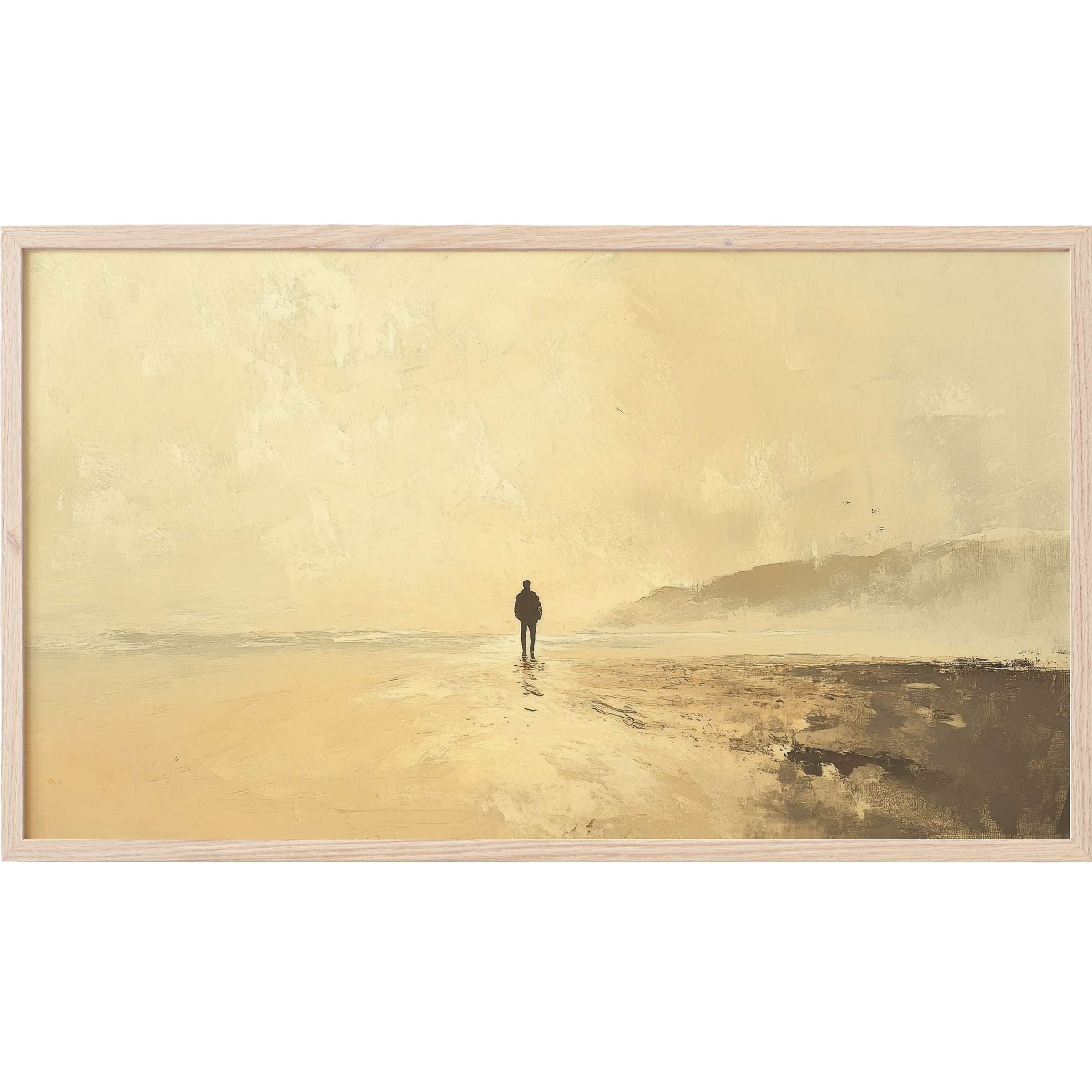 Minimalist coastal scene in warm beige tones with lone figure; serene summer Frame TV Art for elegant spaces