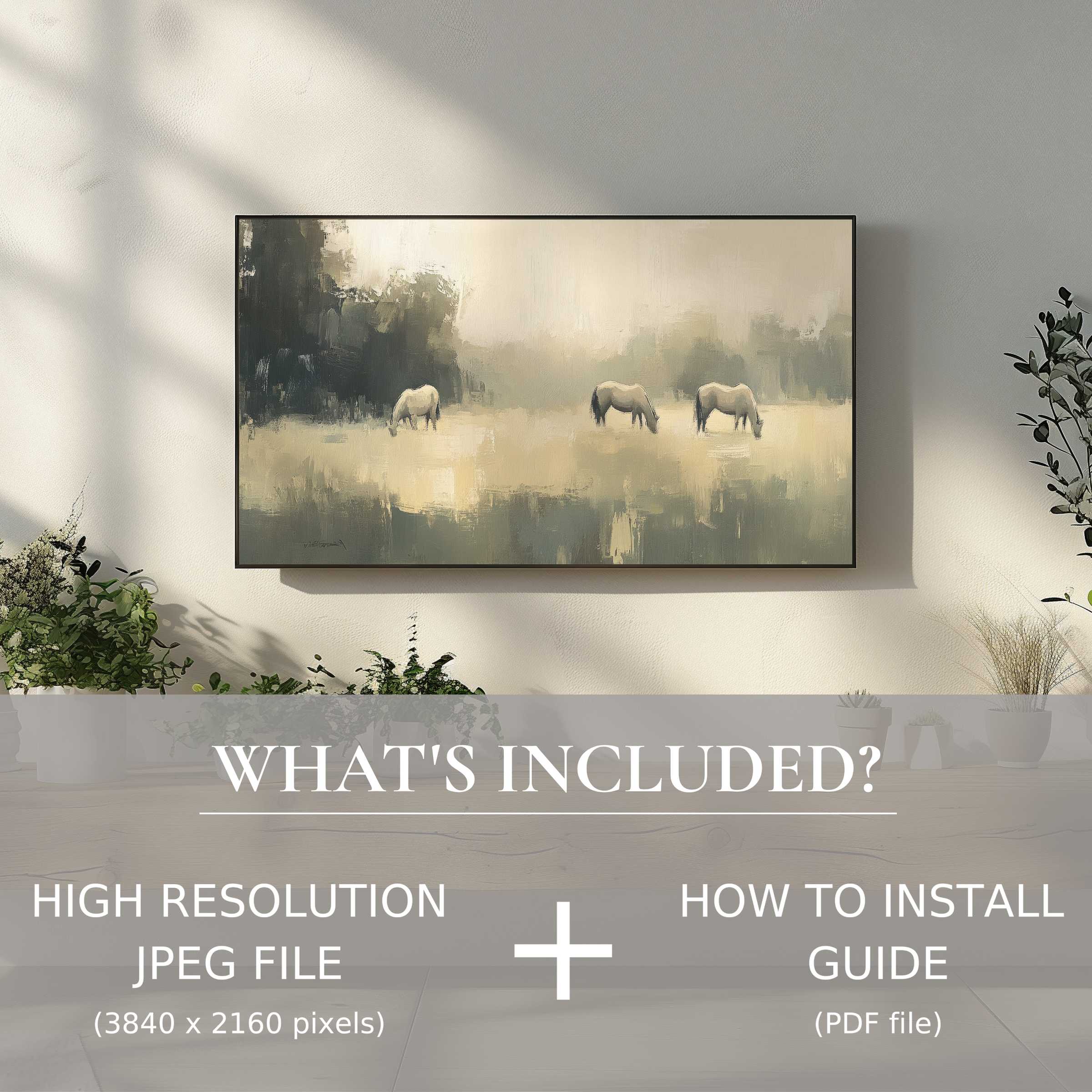 Elegant vintage digital TV art download of serene horses enhances any living space with effortless digital use