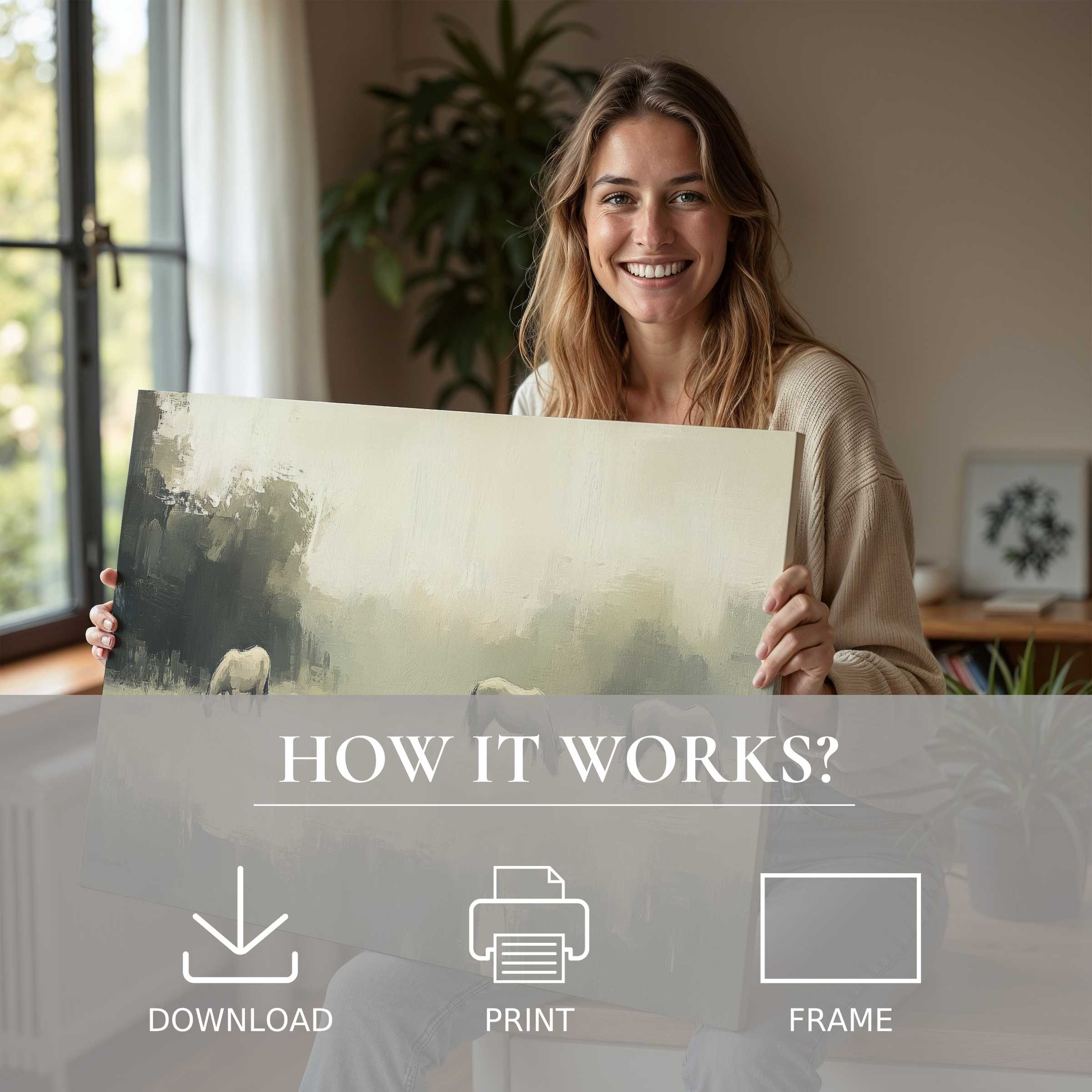 A vintage digital art print infuses serene warmth and timeless elegance into a modern home, effortlessly enriching everyday moments