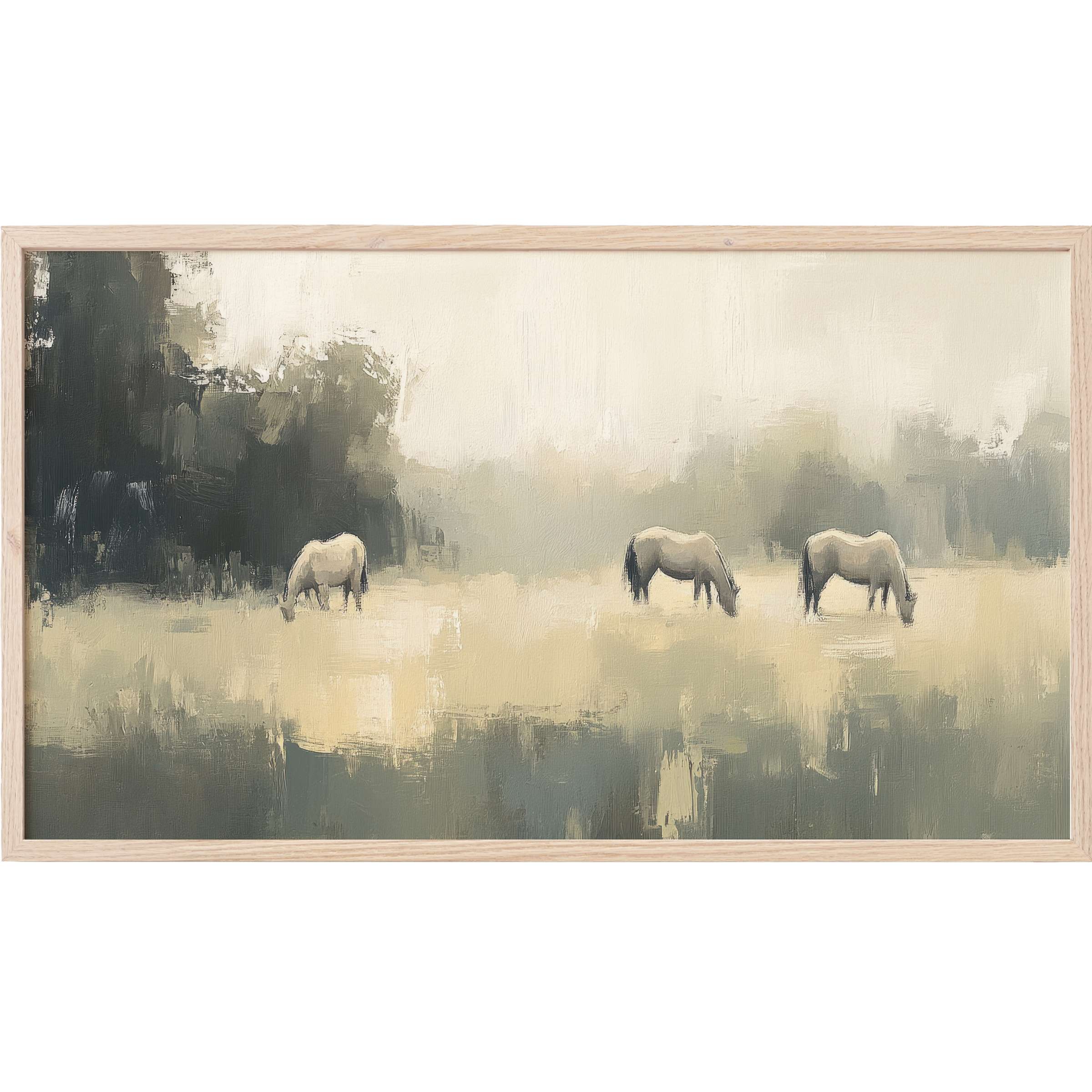 Serene horses grazing in a misty field, muted tones and soft brushstrokes define this vintage Frame TV Art