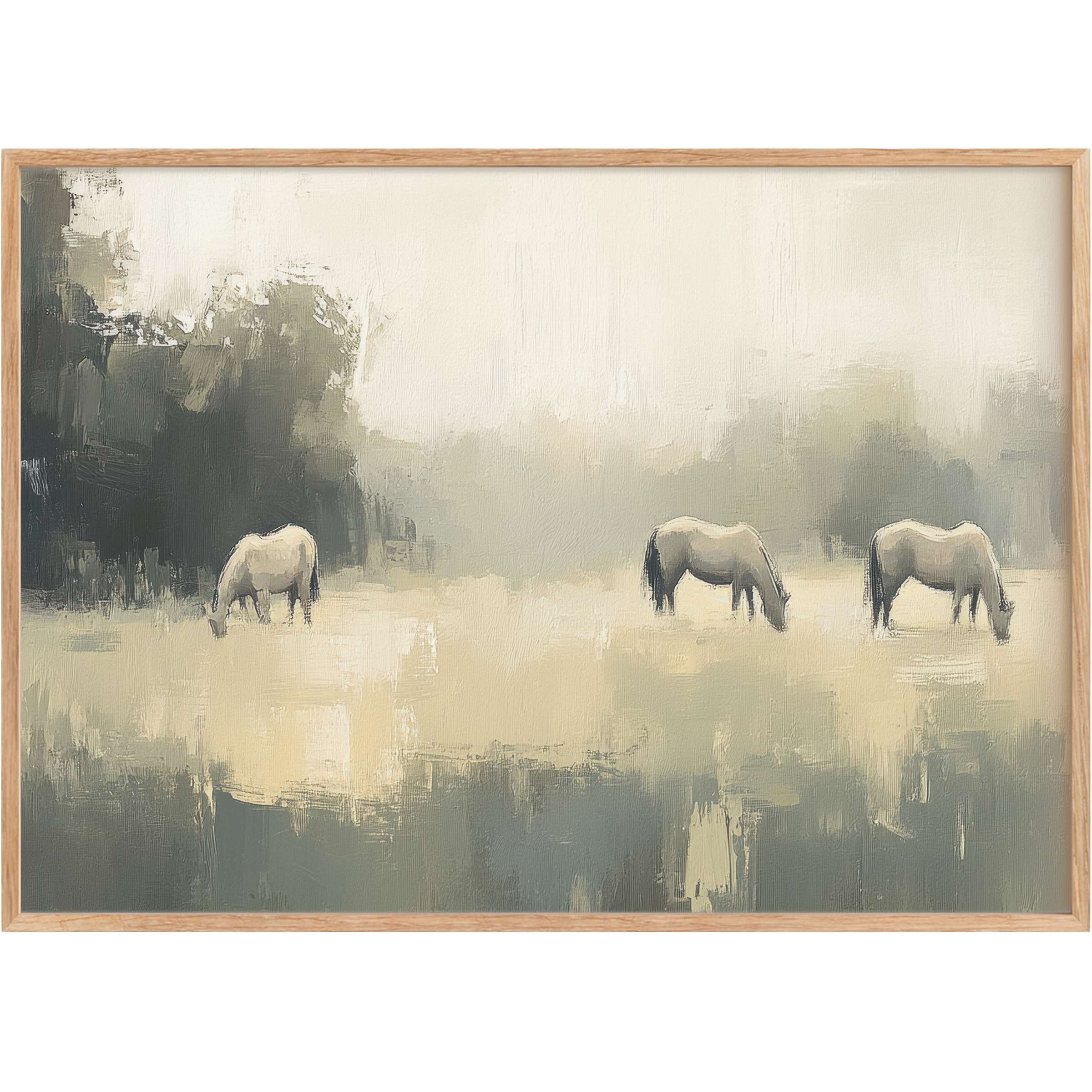 Vintage printable wall art featuring serene white horses grazing in a misty meadow, evoking calming neutrals and timeless elegance