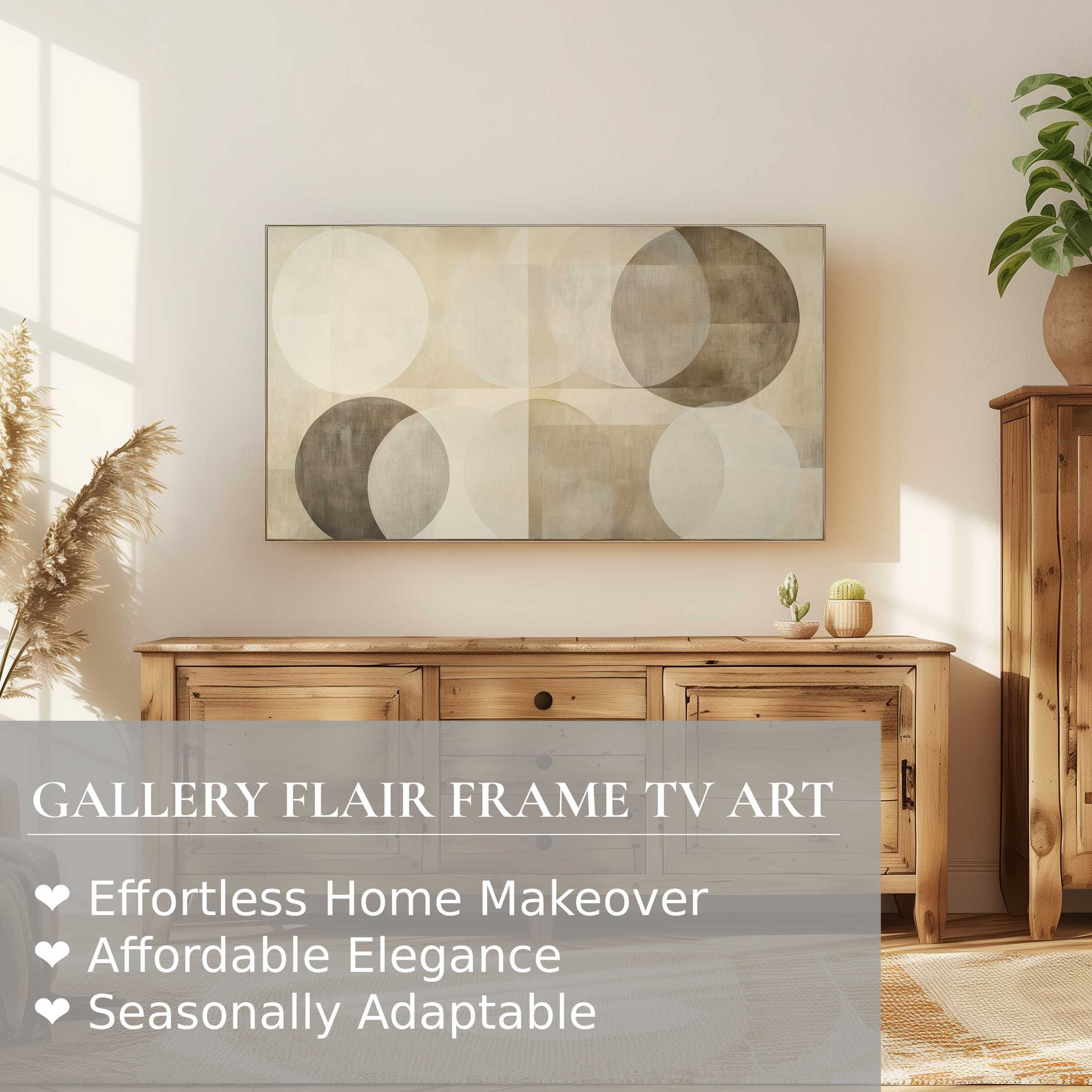 Samsung Frame TV showcasing neutral digital artwork in a serene, elegant living space with warm wood tones and natural light
