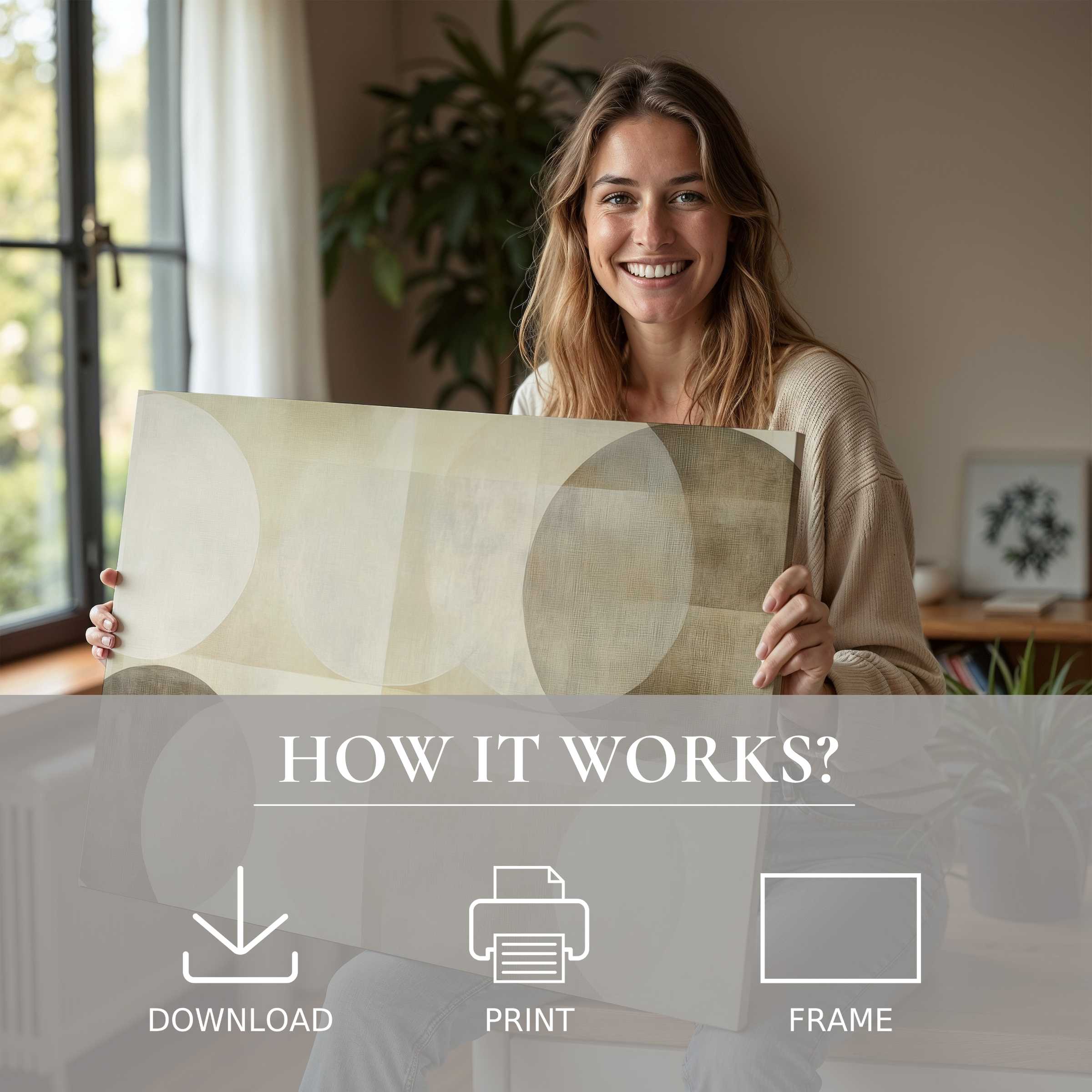 A serene moment of joyful connection with a neutral digital art print, enhancing modern living spaces with effortless elegance