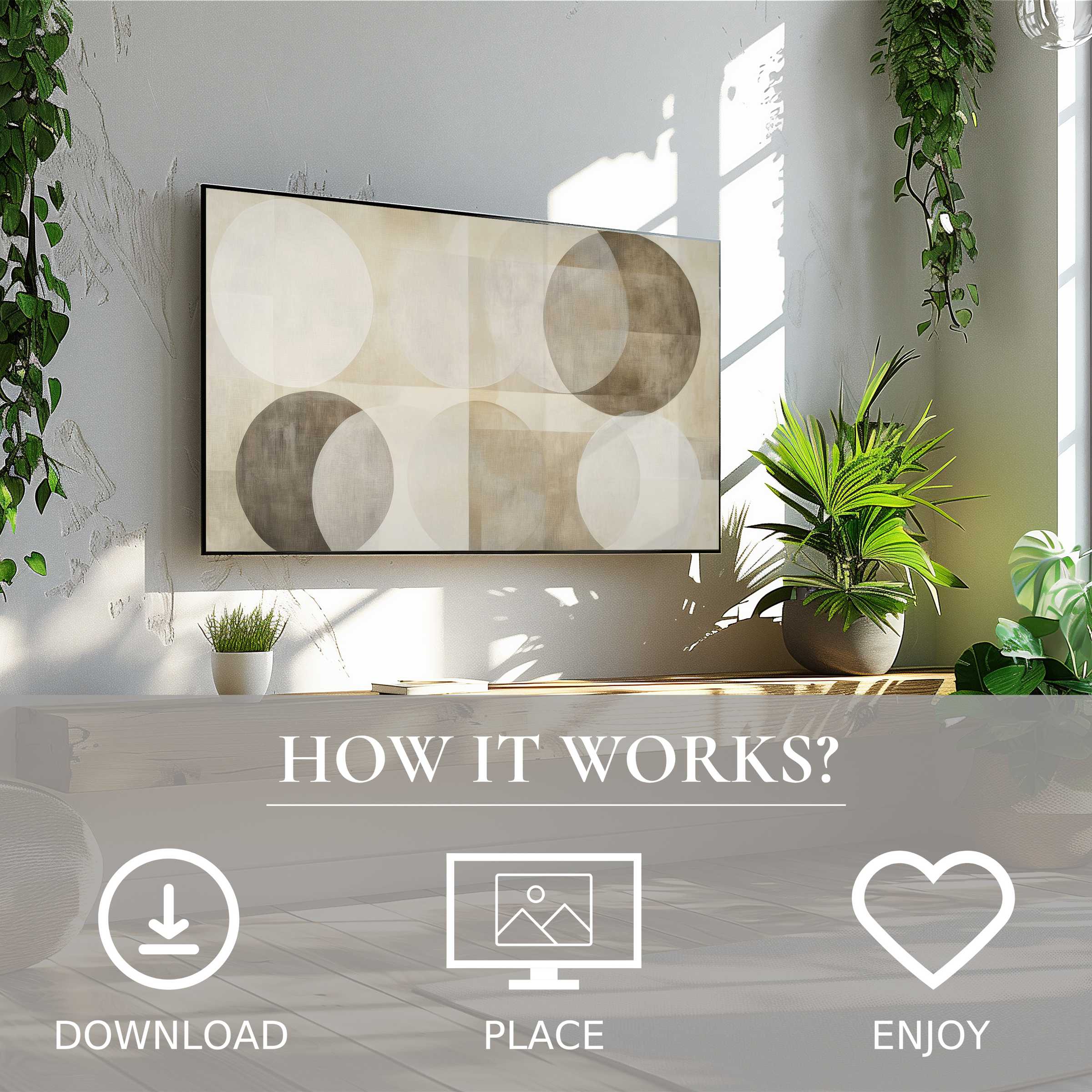 Neutral art for Samsung TV shows soft circular color flow in beige tones; easy digital download enriches living space