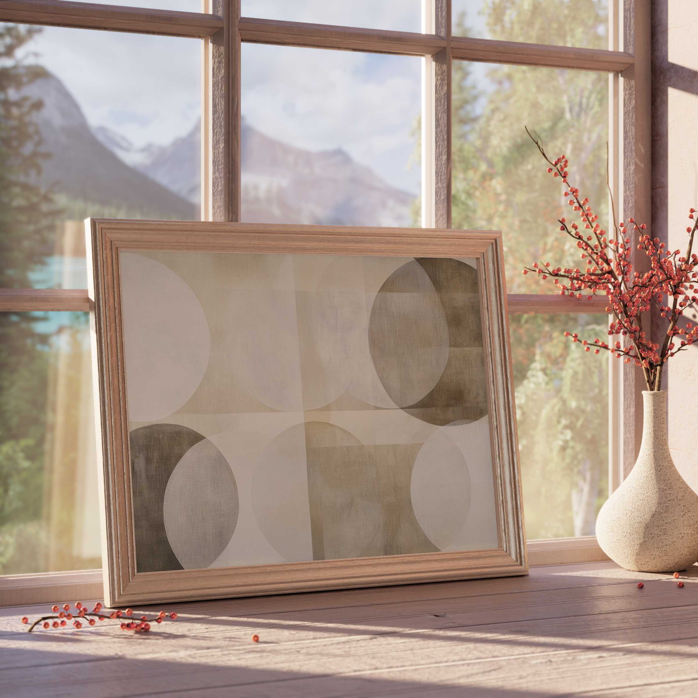 Neutral downloadable art featuring serene geometric shapes in soft earth tones, enhancing tranquil, curated interiors with warm, natural light and elegant decor