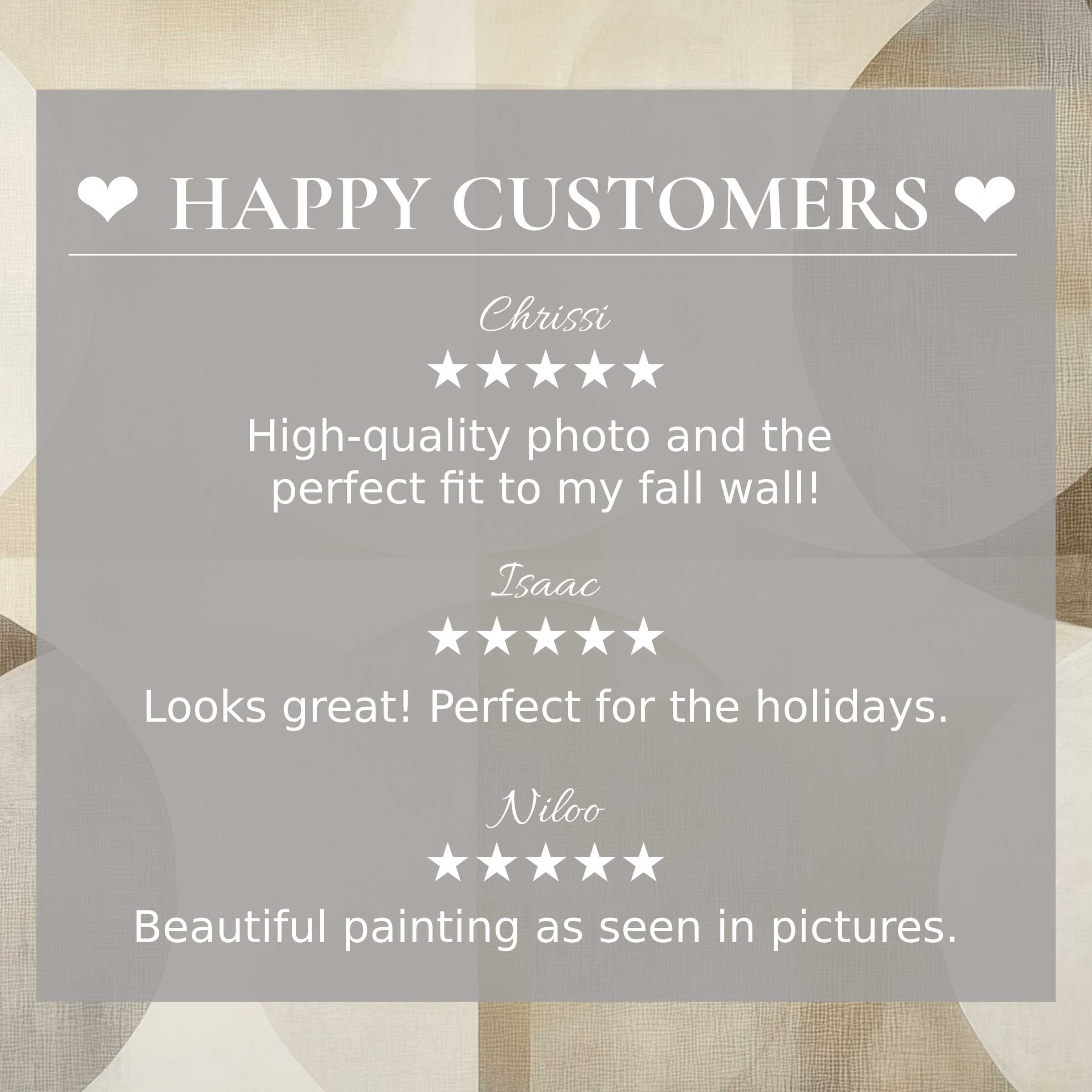 Neutral art for Frame TV with soft earth tones, showcasing happy customer reviews that build trust and elegance