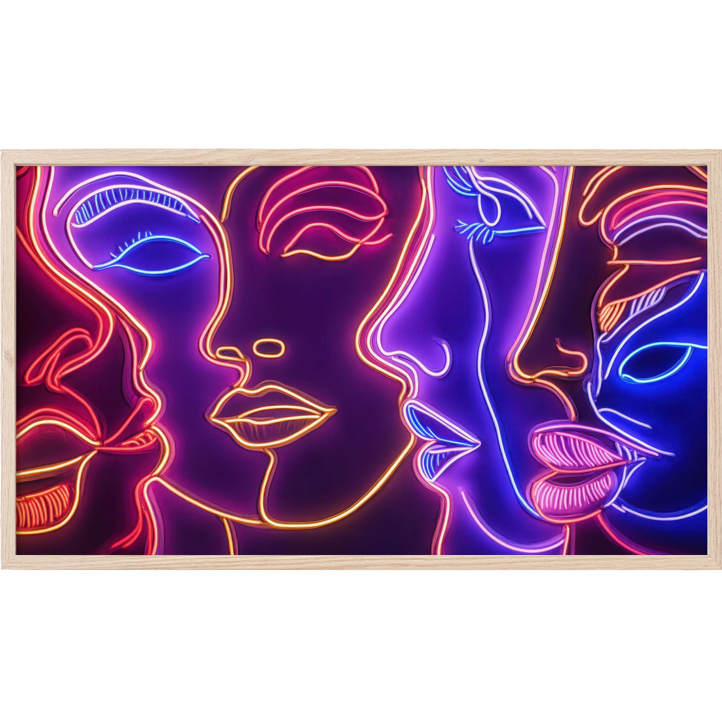 Elegant neon line art of abstract female faces in vibrant blues, pinks, and purples, pop art Frame TV Art