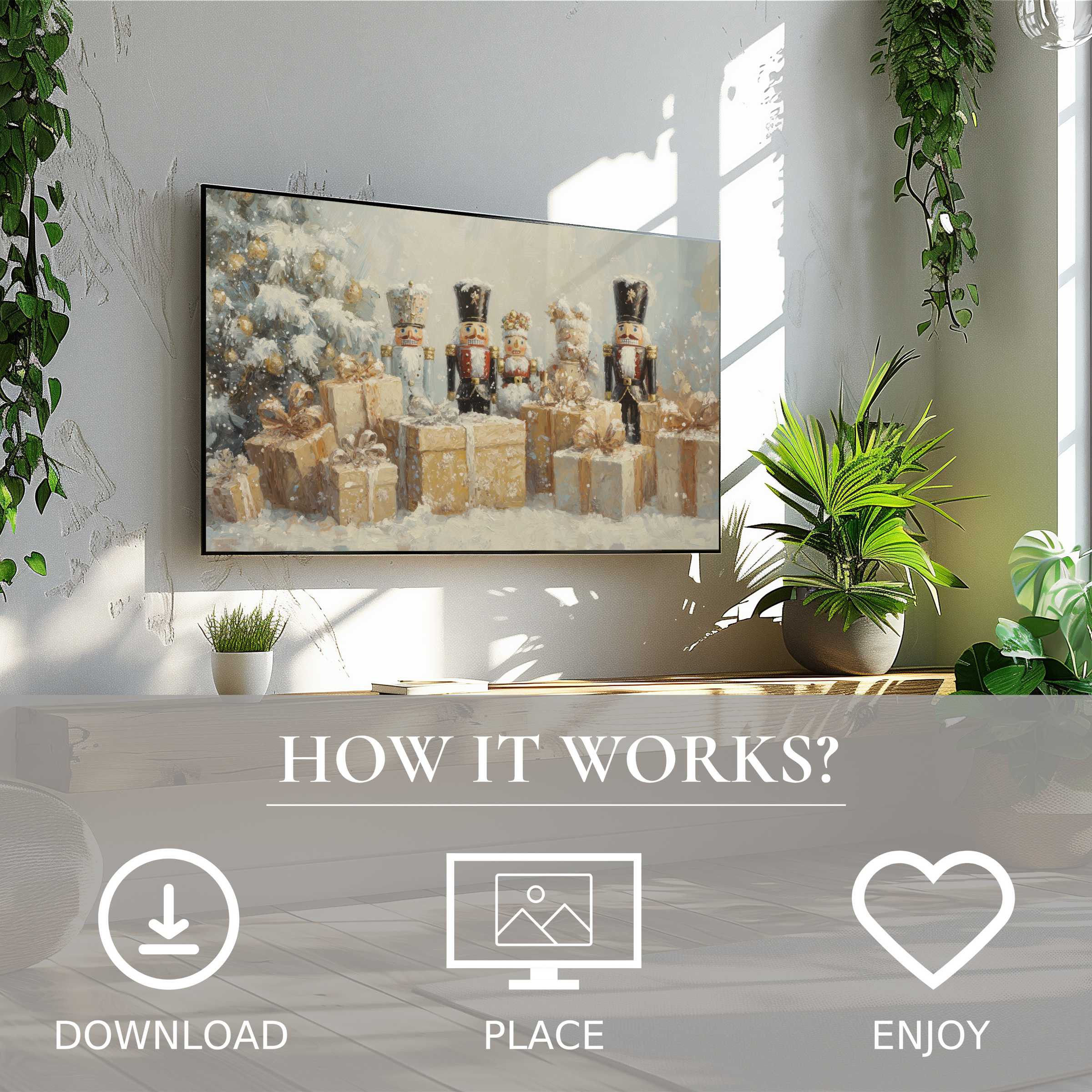 Modern living room with easy digital download; christmas art for Samsung TV shows soft snowy color flow motif