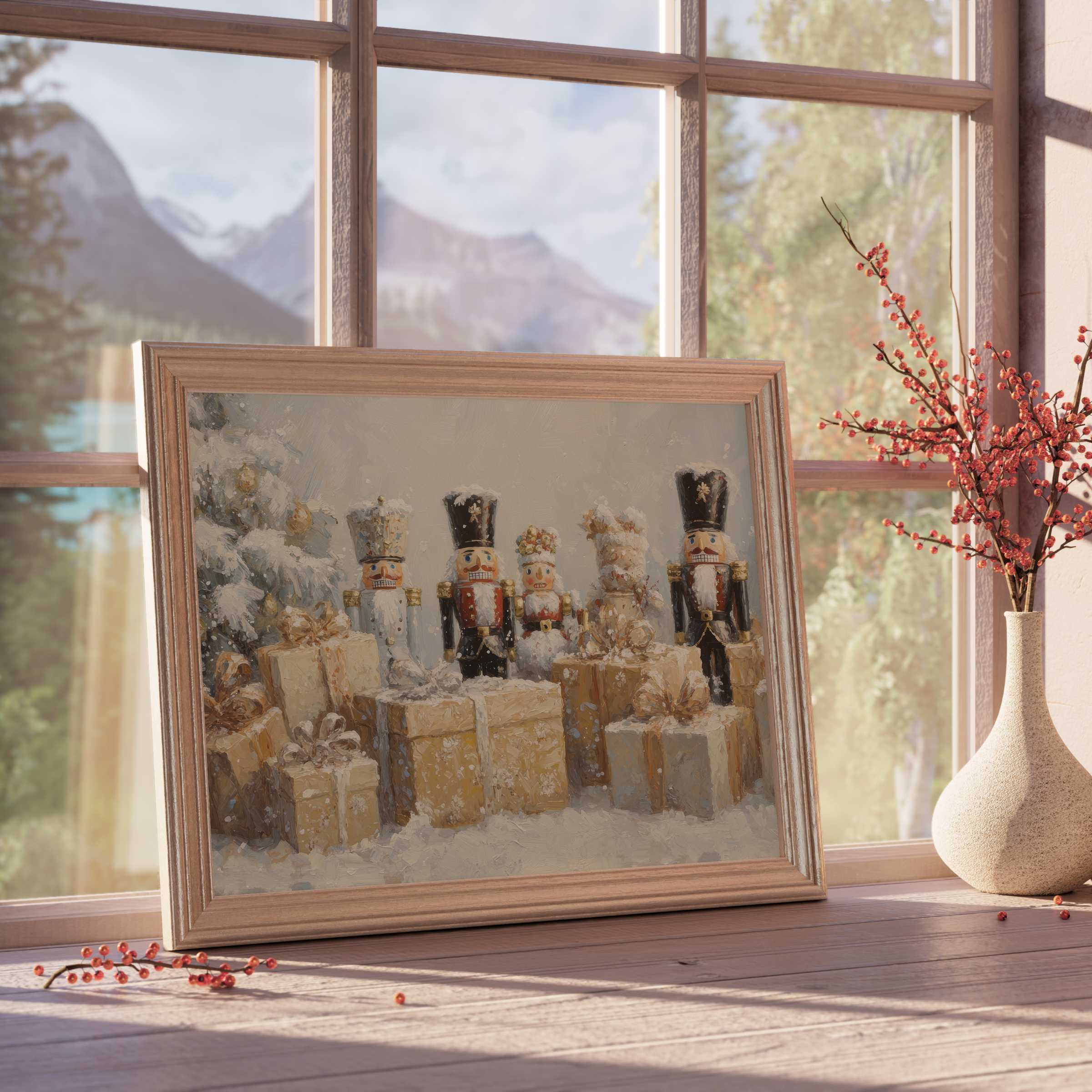 Christmas downloadable art featuring elegant nutcracker figures and softly wrapped gifts, infusing warm, tranquil charm into curated modern interiors