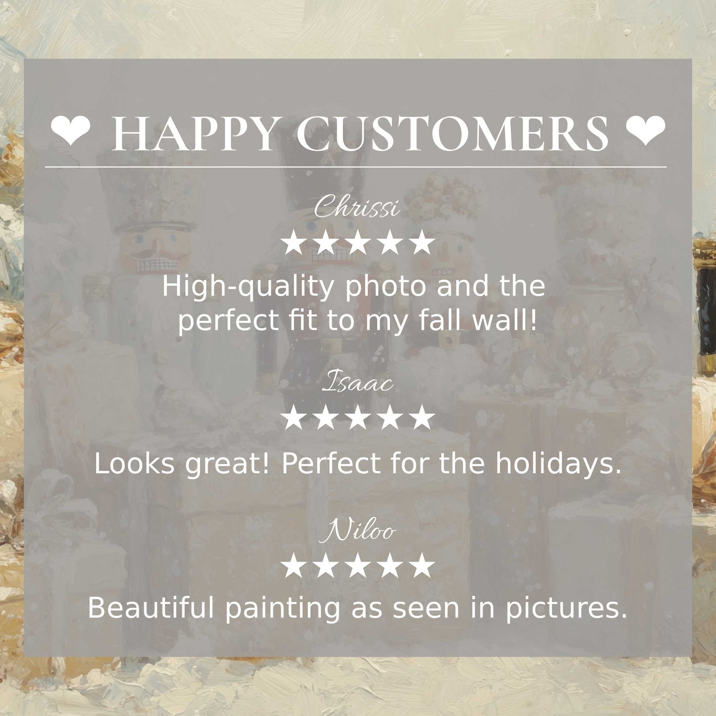 Refined christmas art for Frame TV with abstract pastel nutcracker backdrop, showcasing happy customer reviews for trust and style