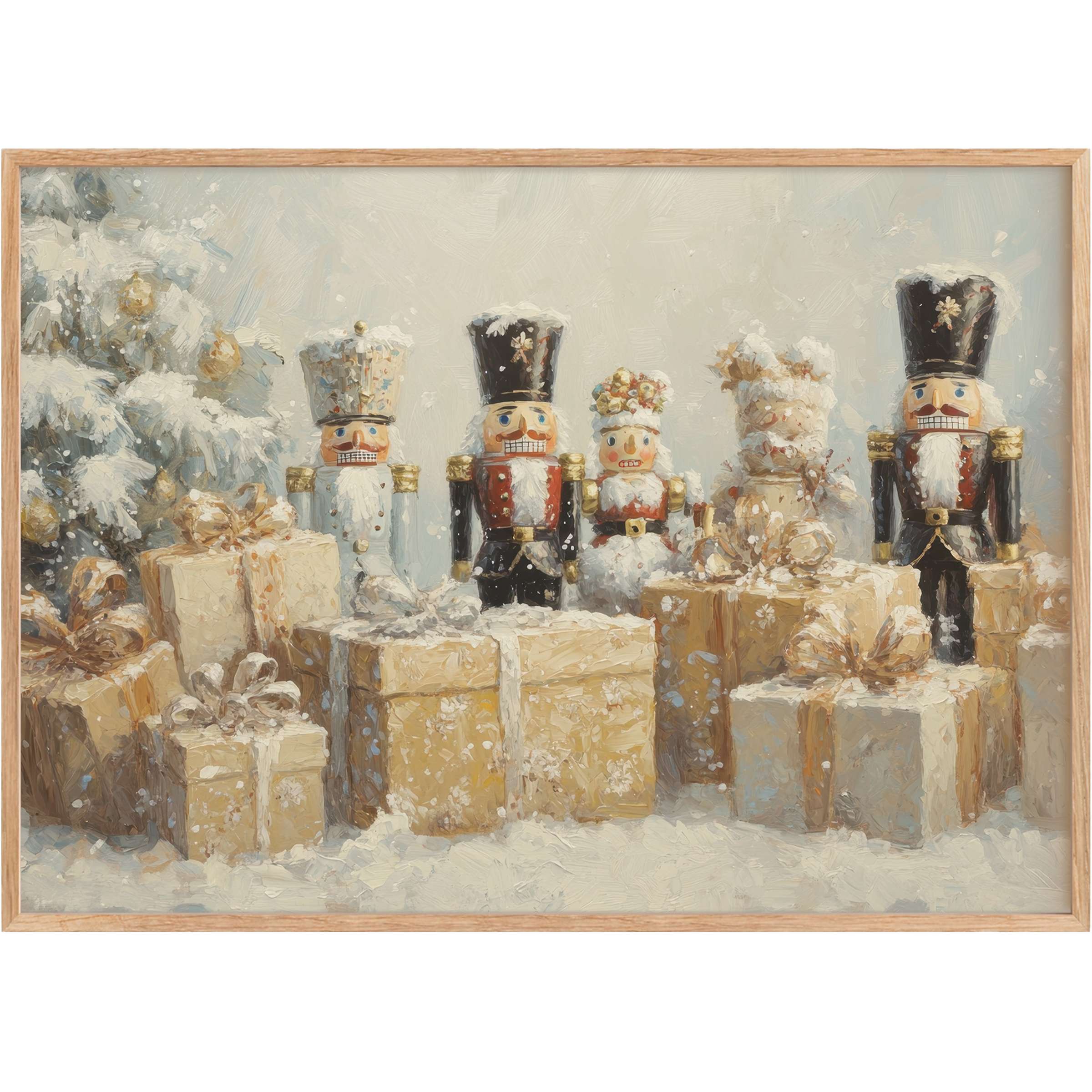 Christmas printable wall art evokes a serene holiday charm with soft golds, whites, and classic nutcracker figures, perfect for elegant festive decor