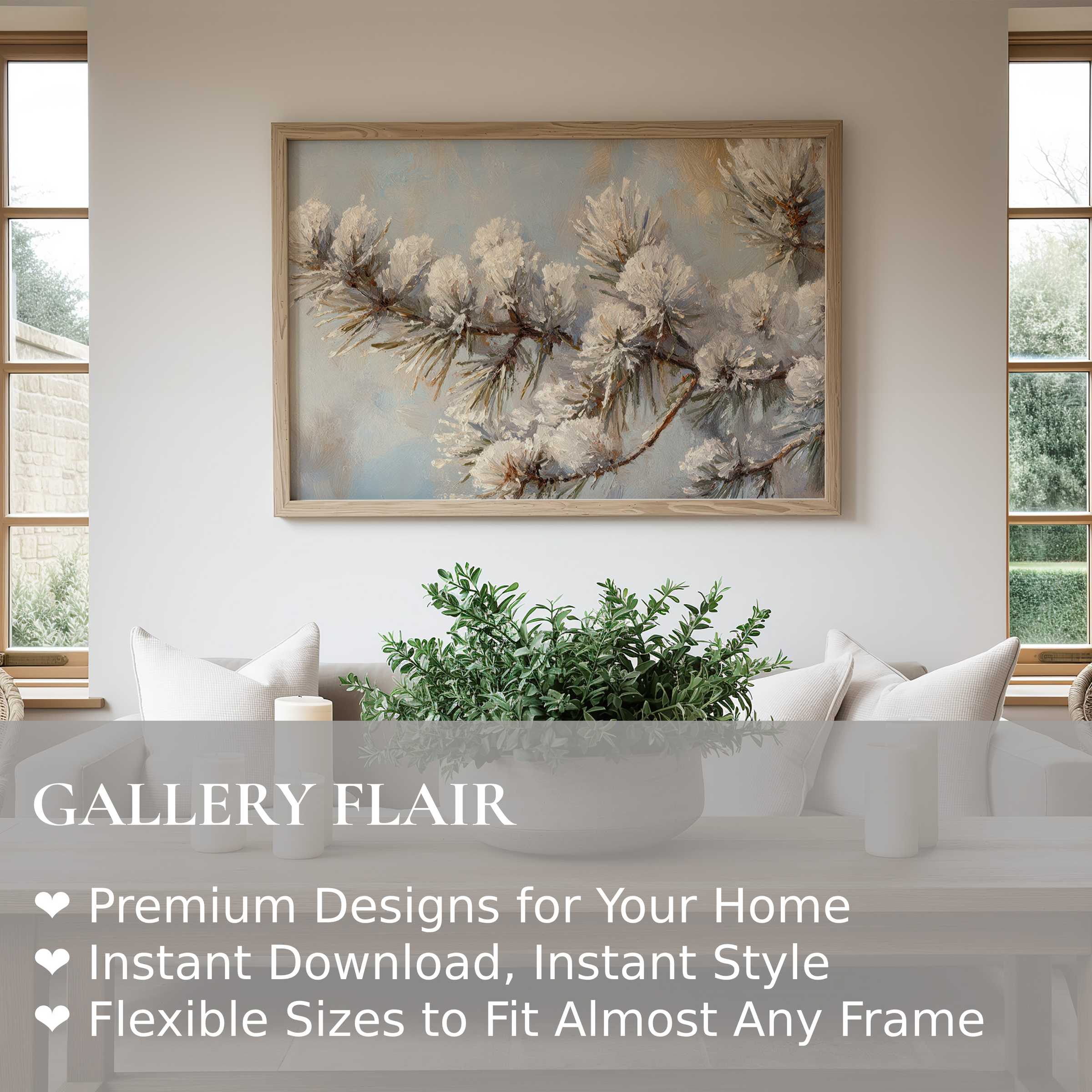 Winter wall art print of snow-laden pine branches evokes a serene, soft ambiance, elevating minimalist, modern interiors with natural tranquility