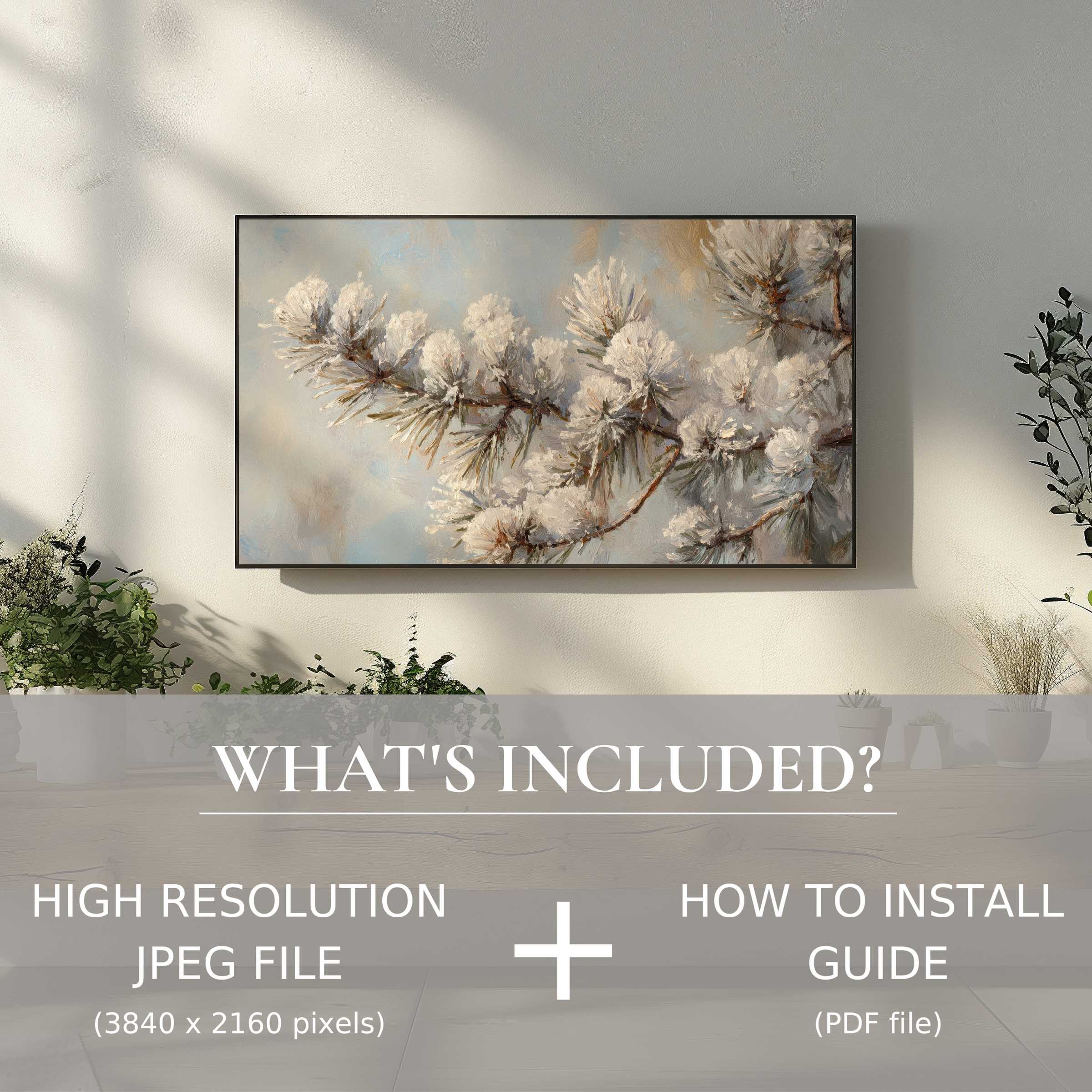 Elegant winter digital TV art download showcasing snow-laden branches, enhancing living spaces with effortless digital elegance