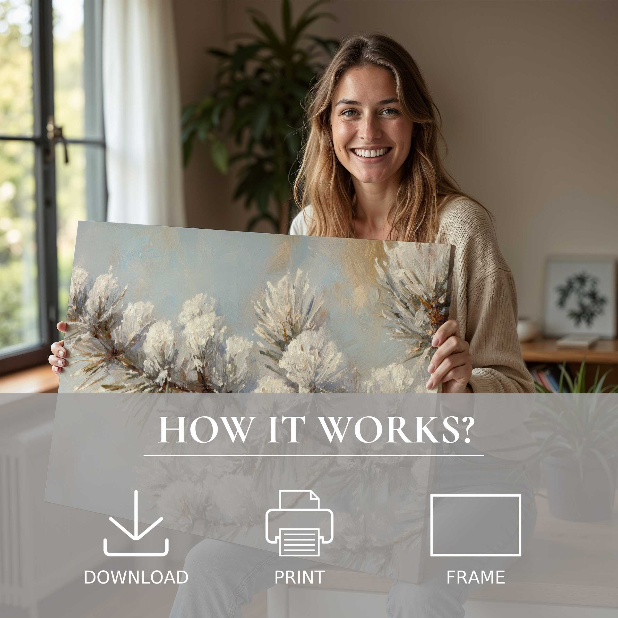 Winter digital art print captured in a serene modern home, evoking warmth, joy, and effortless elegance in living with art