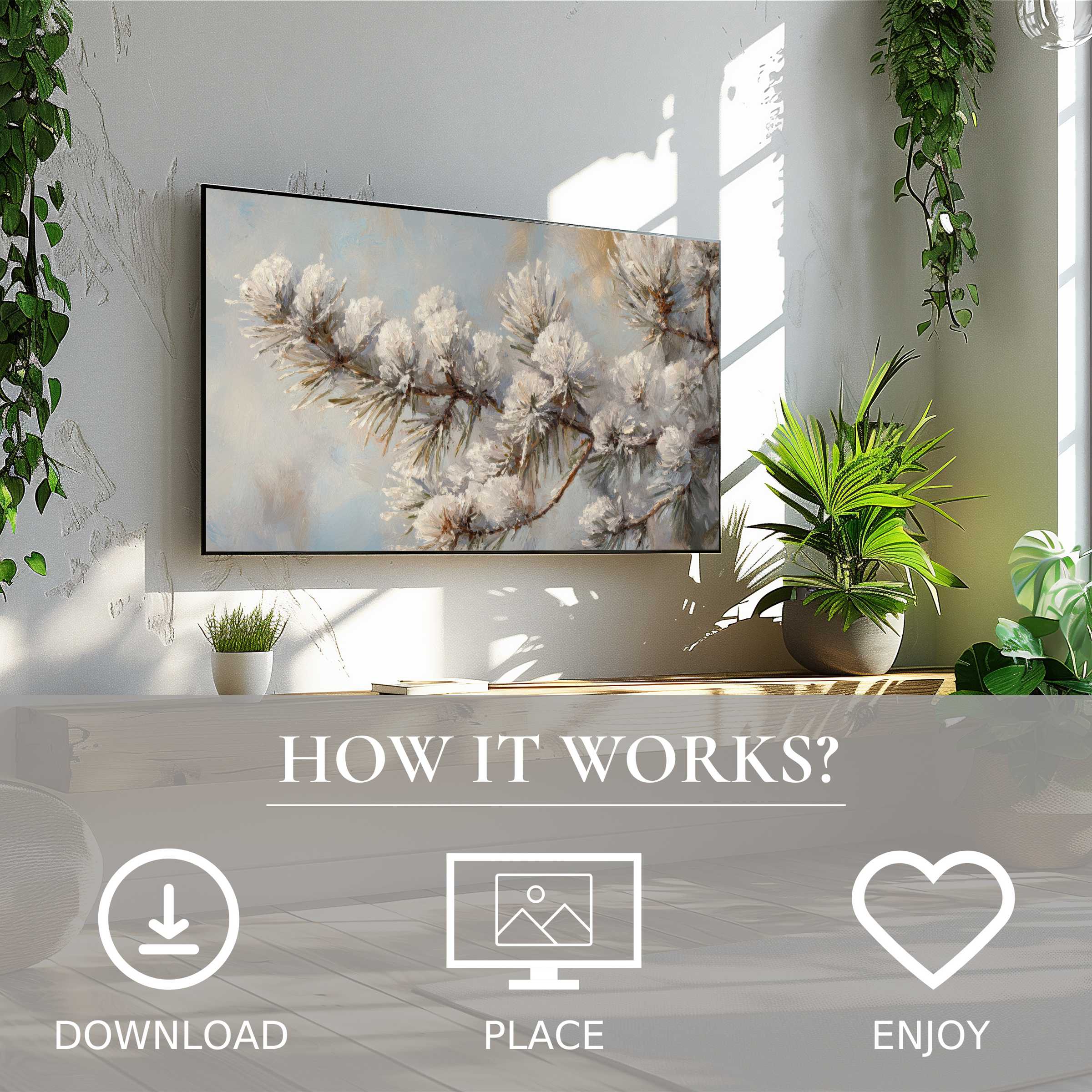 Winter art for Samsung TV shows soft snowy pine branches, easy digital download enriches chic living spaces