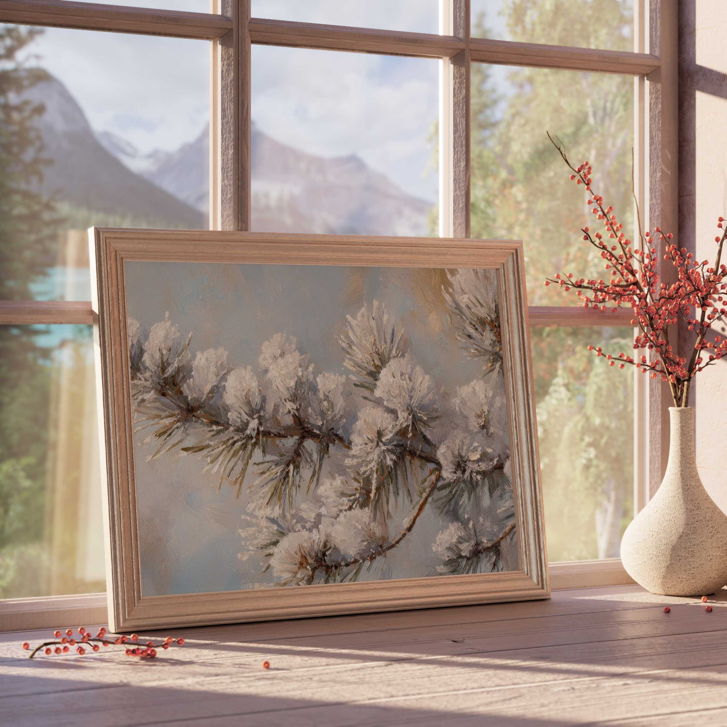 Winter downloadable art capturing serene snow-kissed pine branches, elevating tranquil, curated interiors with timeless natural elegance