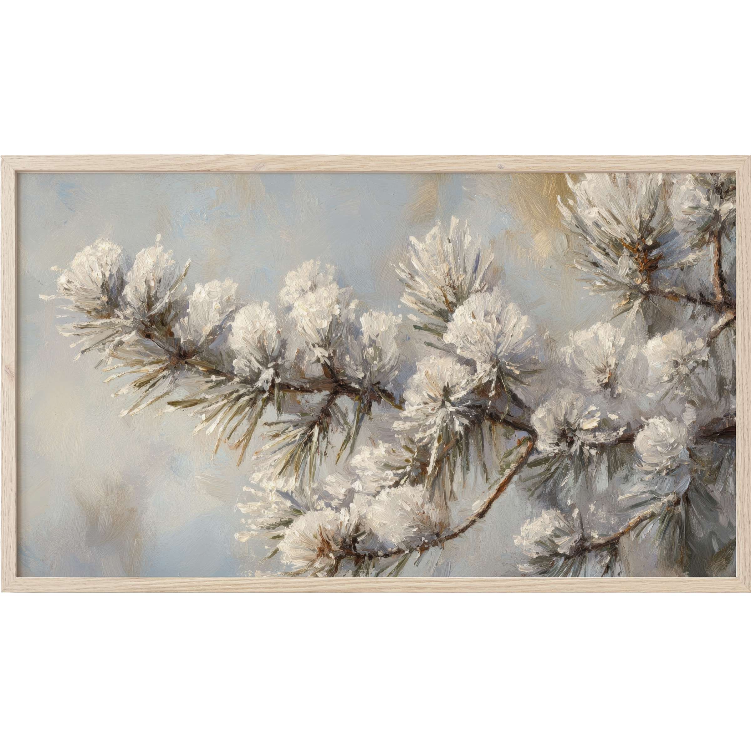 Winter Frame TV Art depicting frosted pine branches in soft whites and muted blues, with a delicate, painterly texture