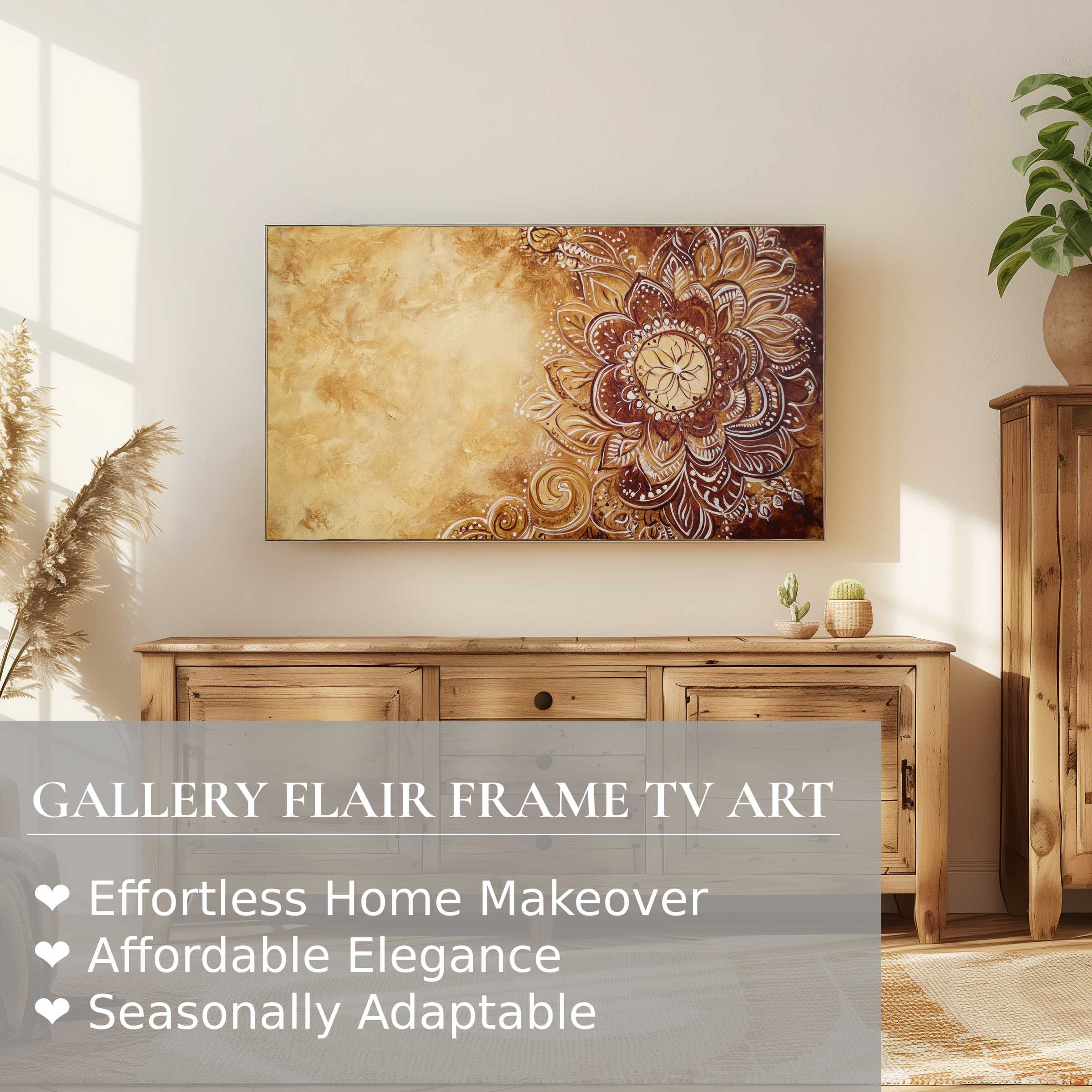 Samsung Frame TV showcasing elegant boho digital artwork in a warm, sunlit, modern rustic living space