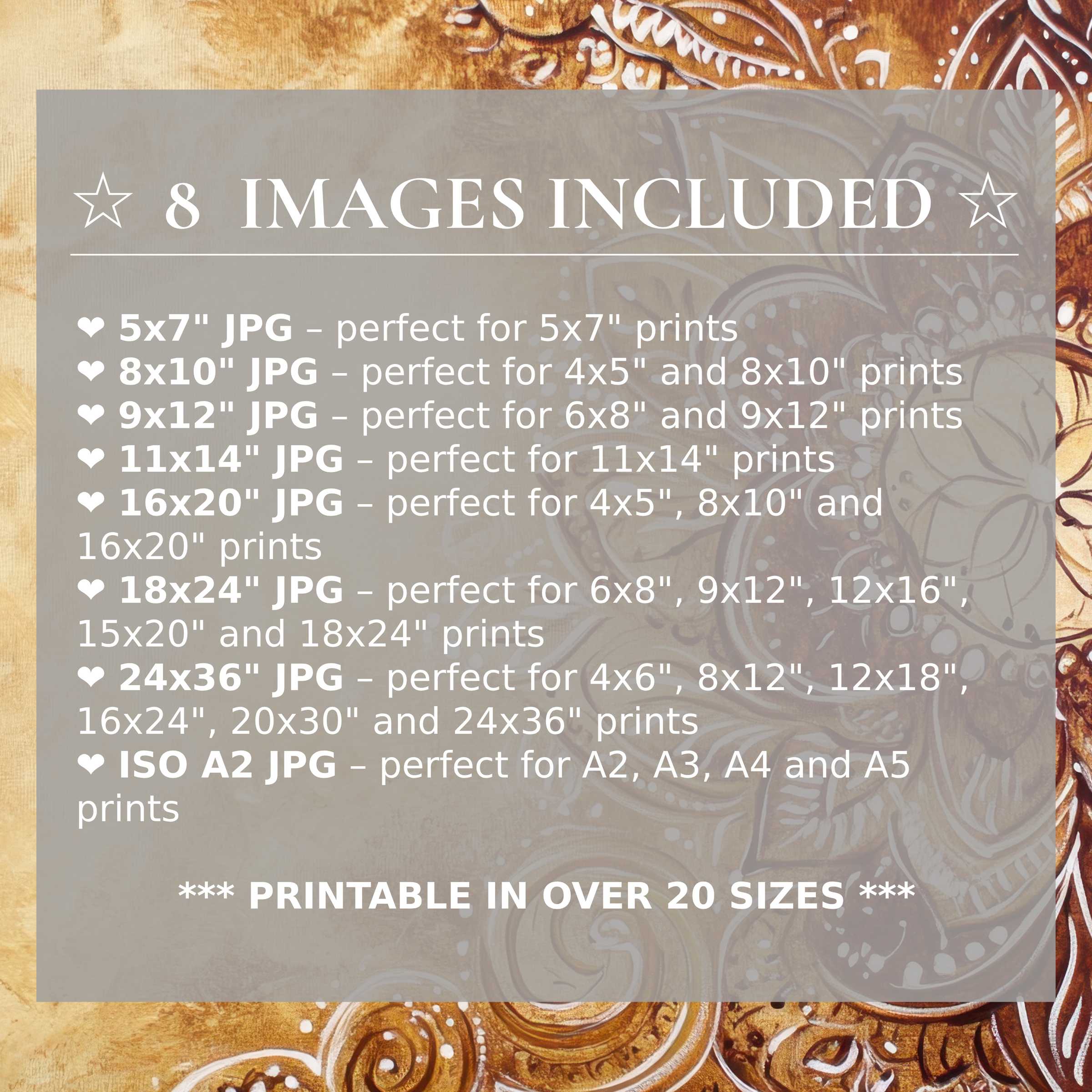 Boho digital print in warm amber and creamy white hues, radiating calming elegance with 8 high-quality sizes included