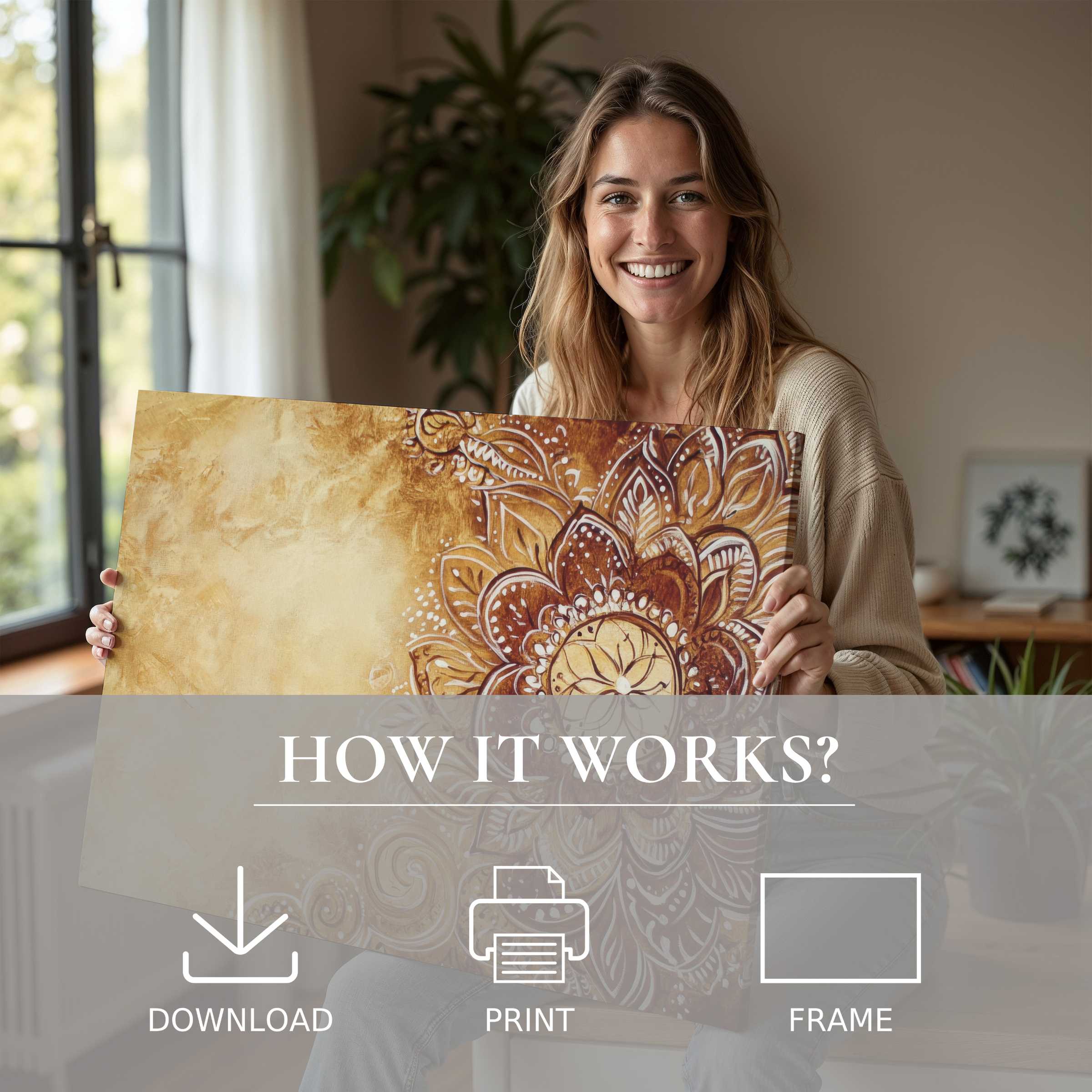 Radiant joy illuminates a modern sanctuary as a boho digital art print transforms warm spaces with timeless, effortless elegance