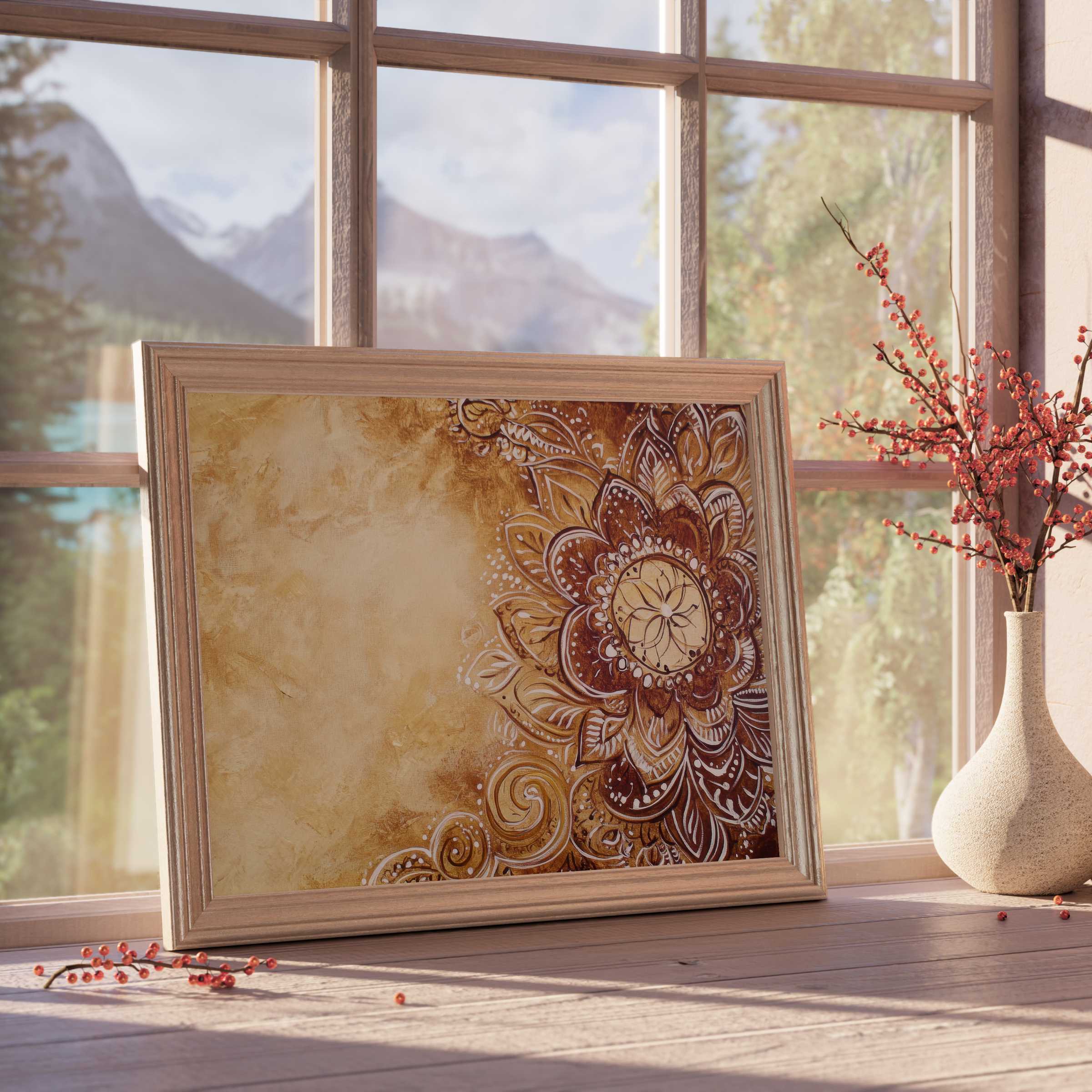 Boho downloadable art featuring intricate mandala florals in warm ochre tones, perfect for curated, tranquil interiors