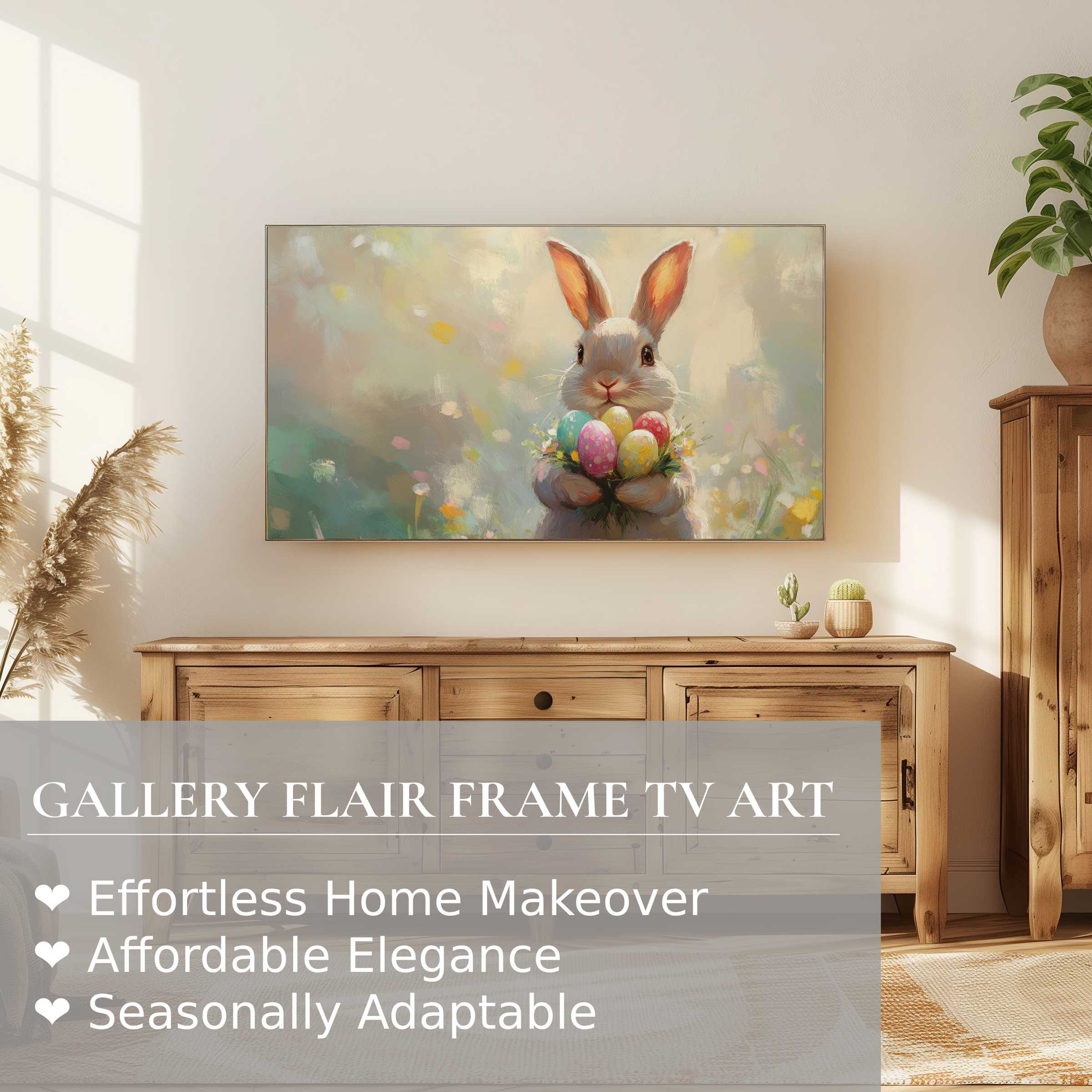 Samsung Frame TV displays elegant easter digital artwork of a soft, pastel bunny holding colorful eggs in a modern room