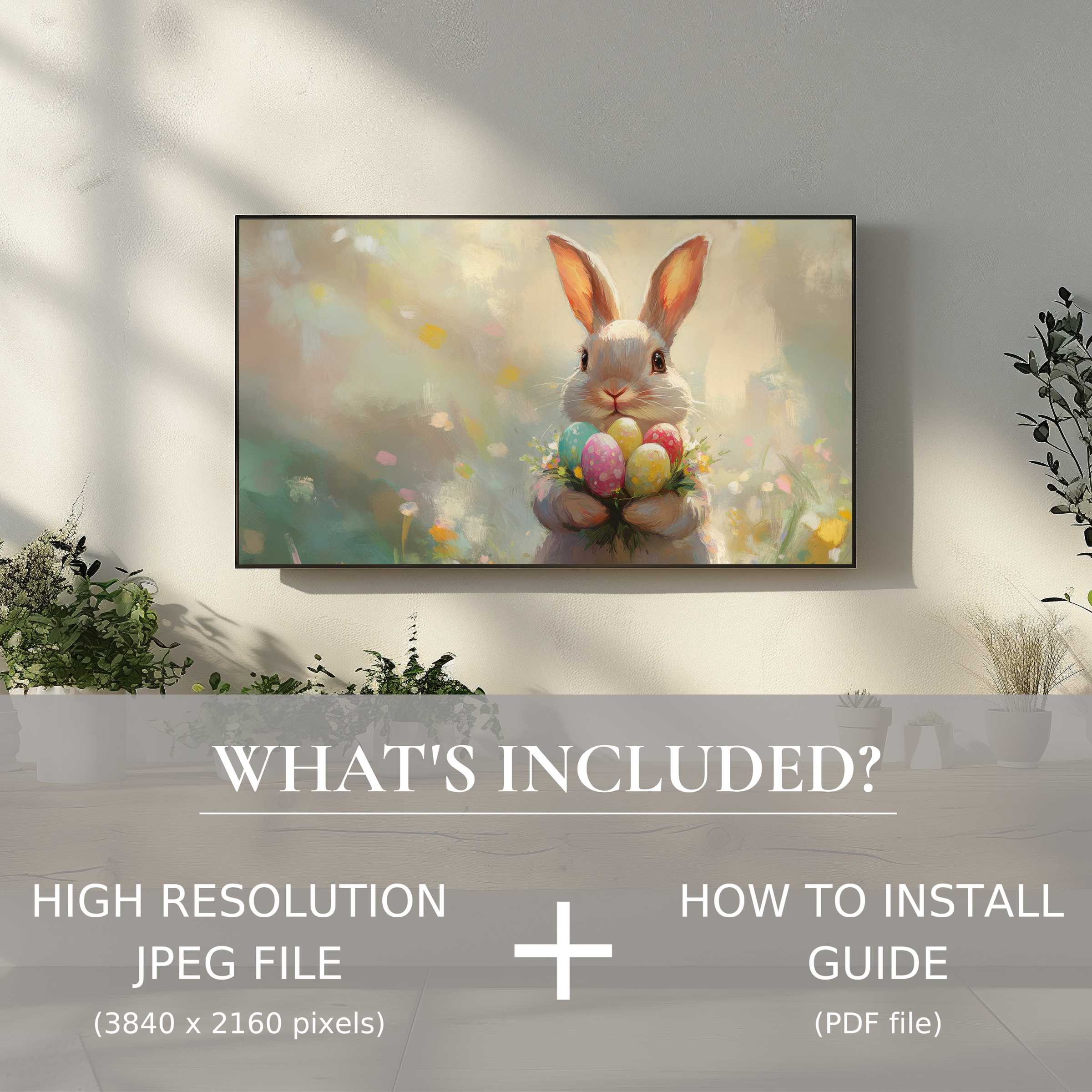 Elegant easter digital TV art download showcasing a charming bunny; easy digital use enhances stylish living spaces