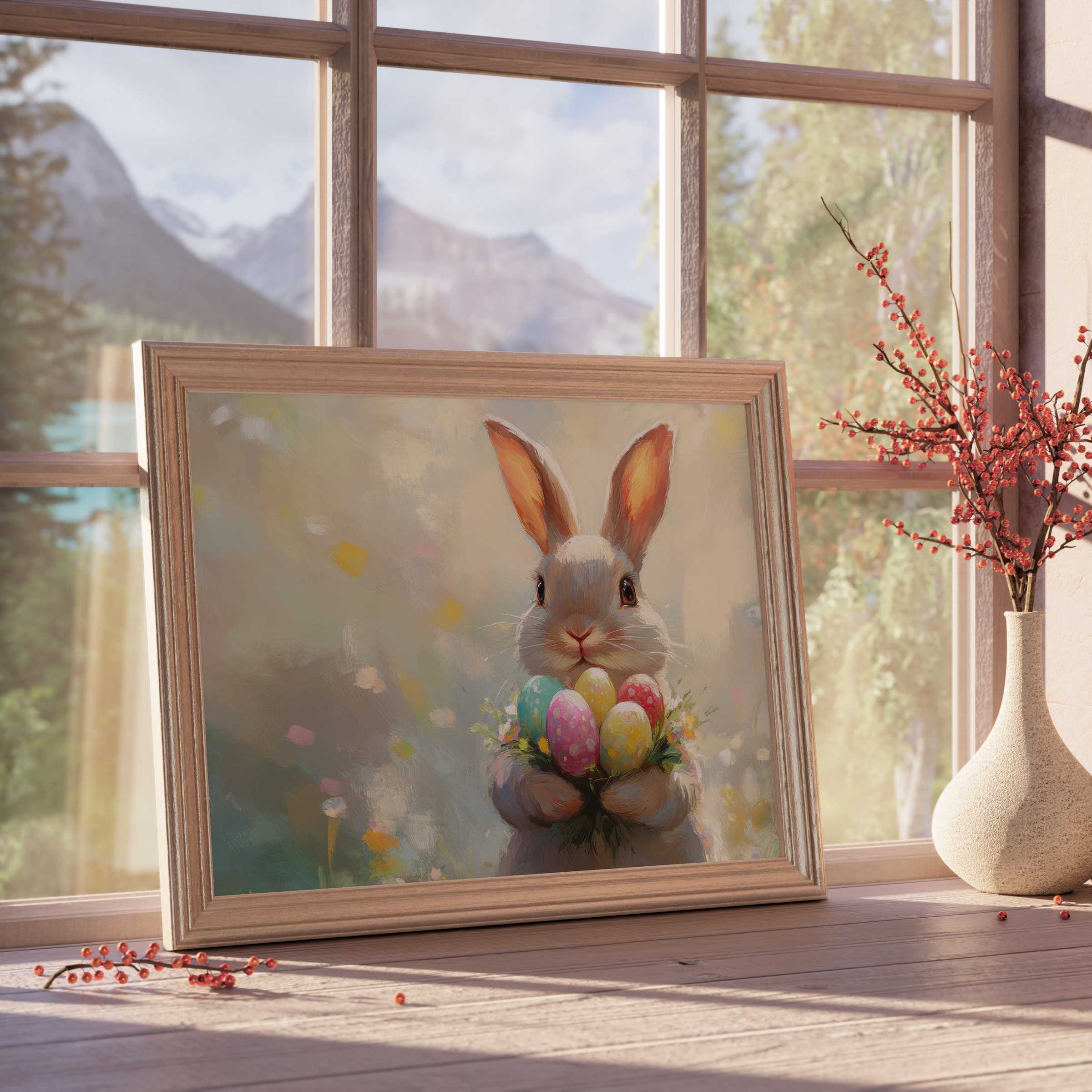 Whimsical easter downloadable art featuring a serene bunny with pastel eggs, perfect for curated premium home decor