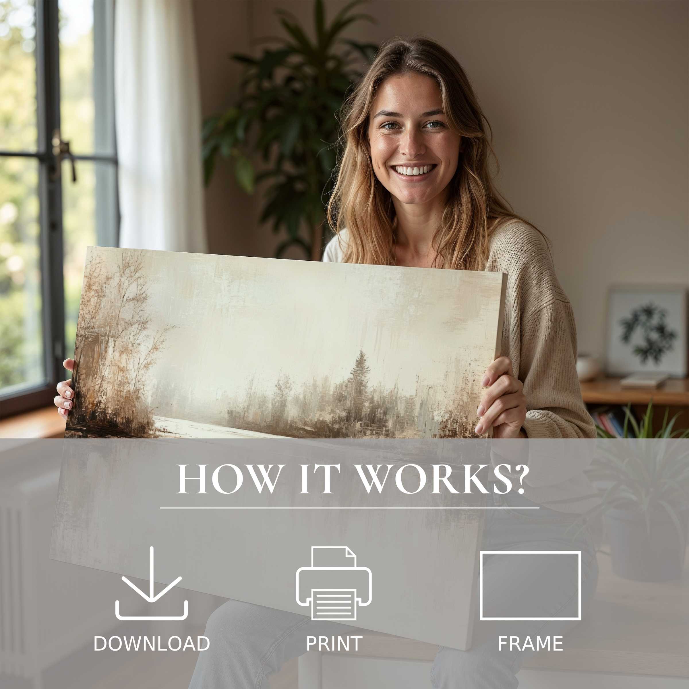 Joyful moment of connection with fall digital art print in a modern home, embodying serene warmth and effortless elegance