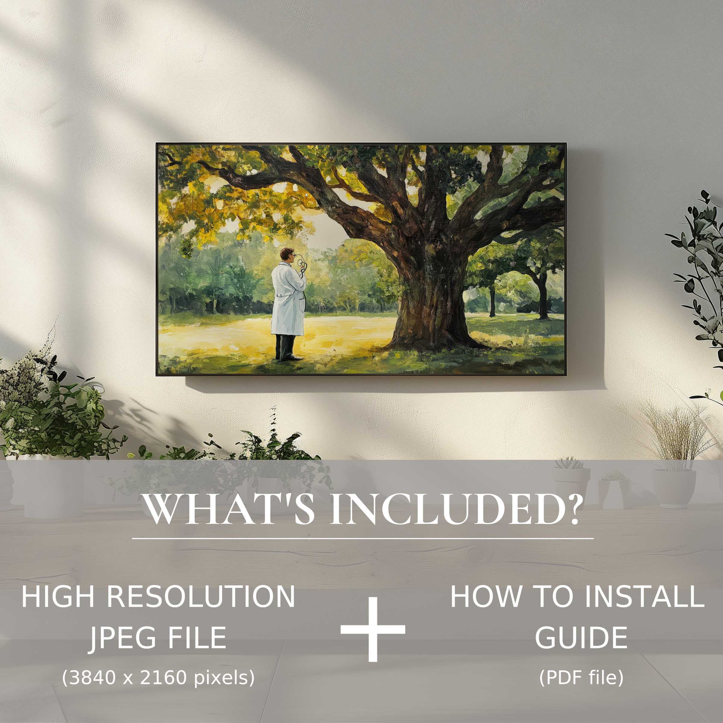 Elegant living room with street art digital TV art download, easy to use, elevates modern decor with vibrant nature scene