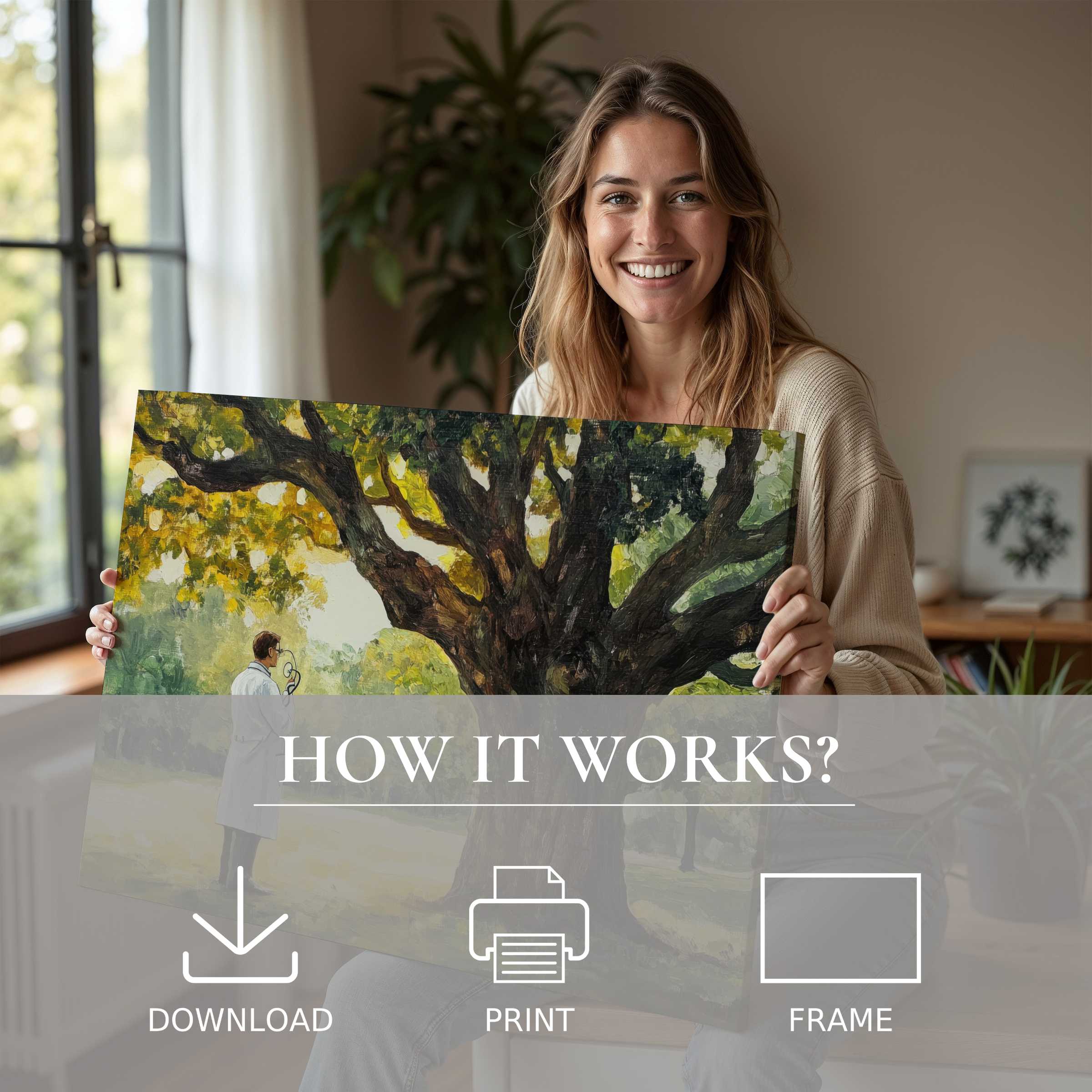 Radiant with joy, a woman in a chic modern home embraces a street art digital art print, evoking warmth and serene connection