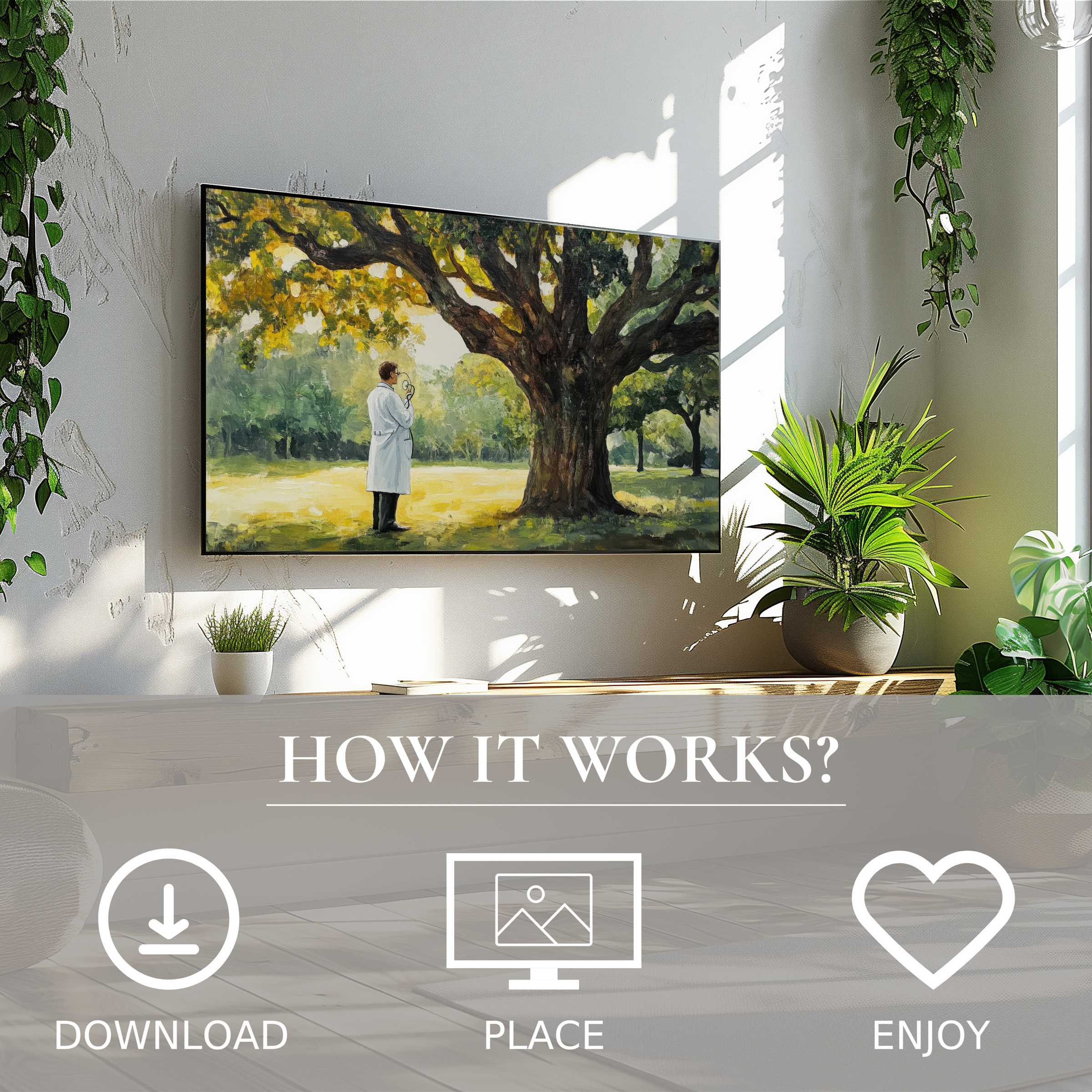 Modern living room with lush plants and street art for Samsung TV, featuring soft green and yellow tree motif, easy digital download