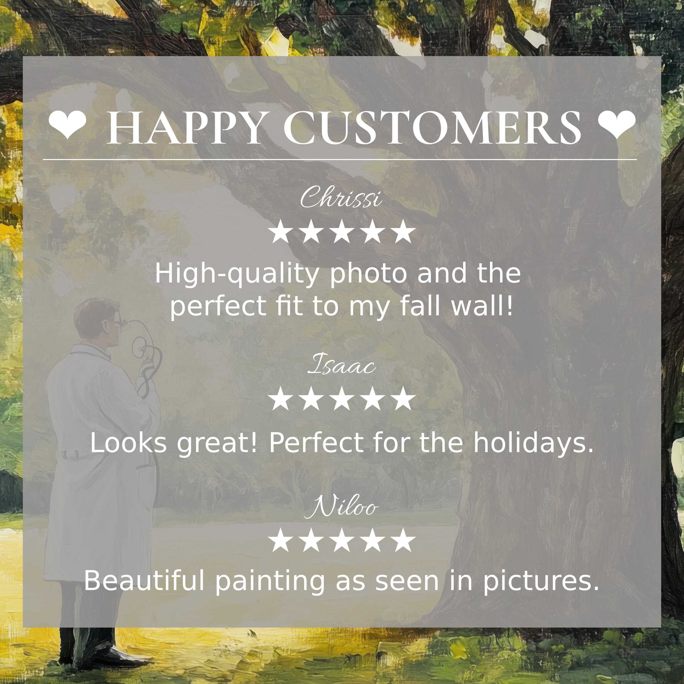 Elegant street art for Frame TV with lush green and yellow background, showcasing happy customer reviews for trust