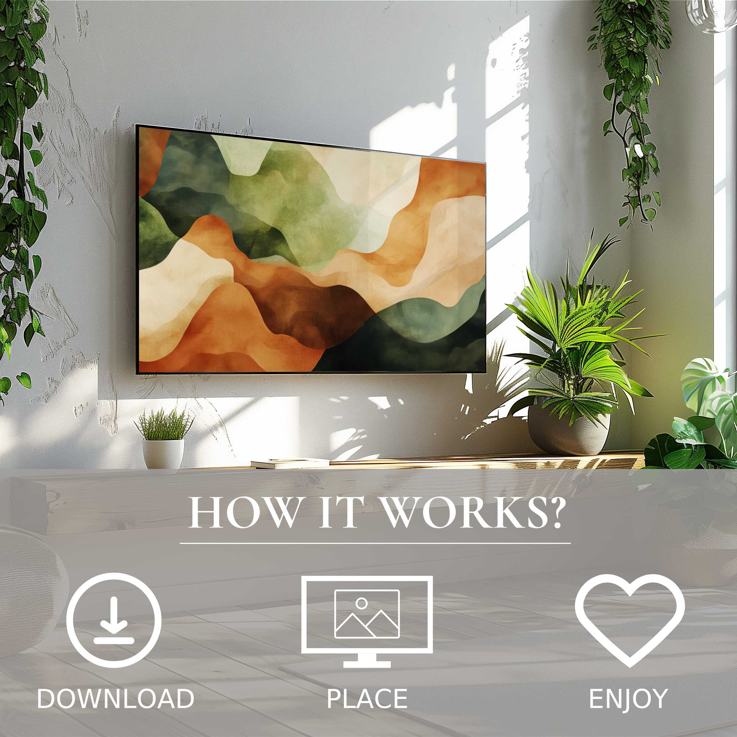 Abstract art for Samsung TV in a bright room, featuring warm green and orange flow, simple digital download enriches space
