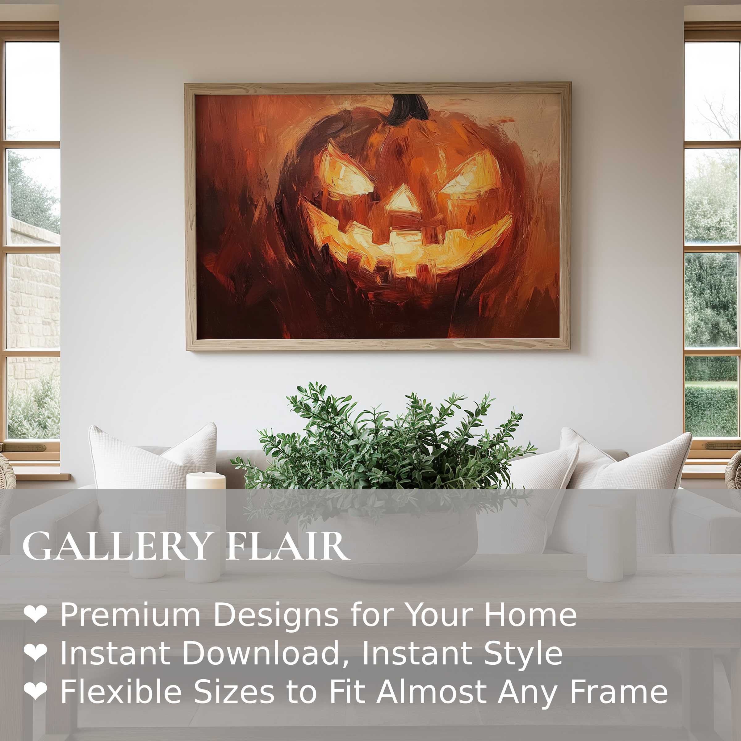 Halloween wall art print featuring a bold, glowing jack-o'-lantern in warm, painterly strokes; elevates modern living spaces with festive charm