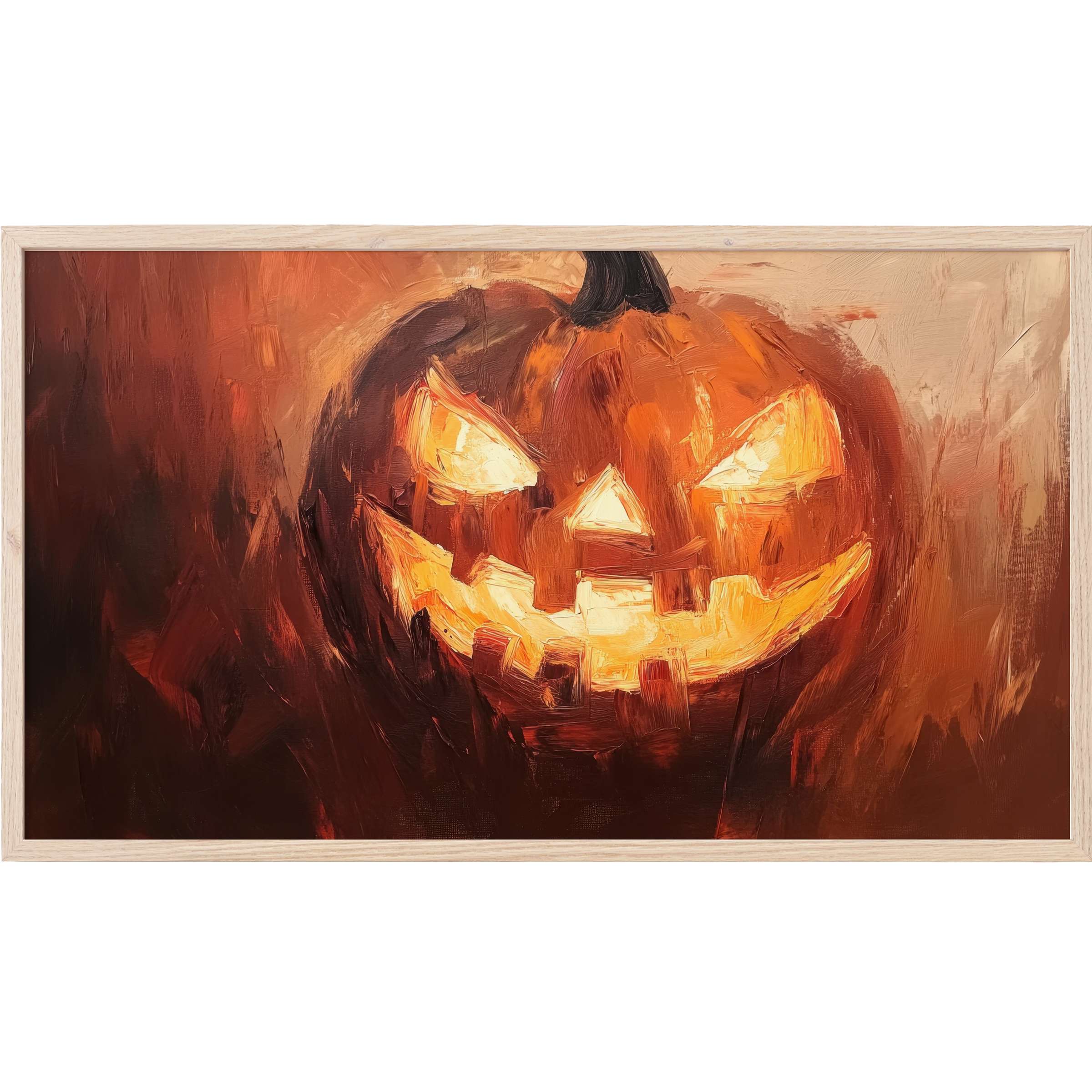 Halloween Frame TV Art featuring a glowing jack-o'-lantern in rich amber and deep brown brushstrokes