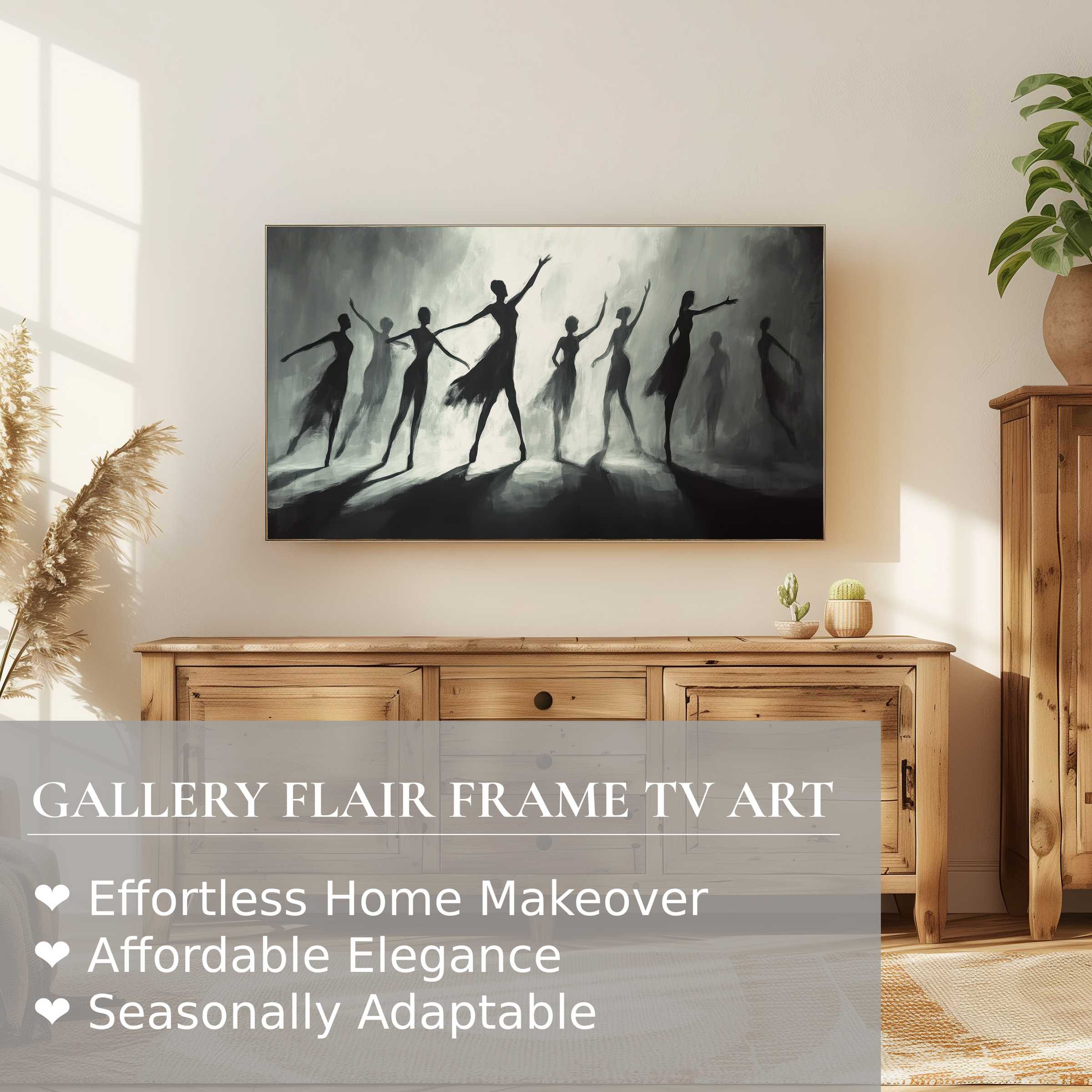 Samsung Frame TV showcasing black and white digital artwork of elegant dancers in a modern, serene living space