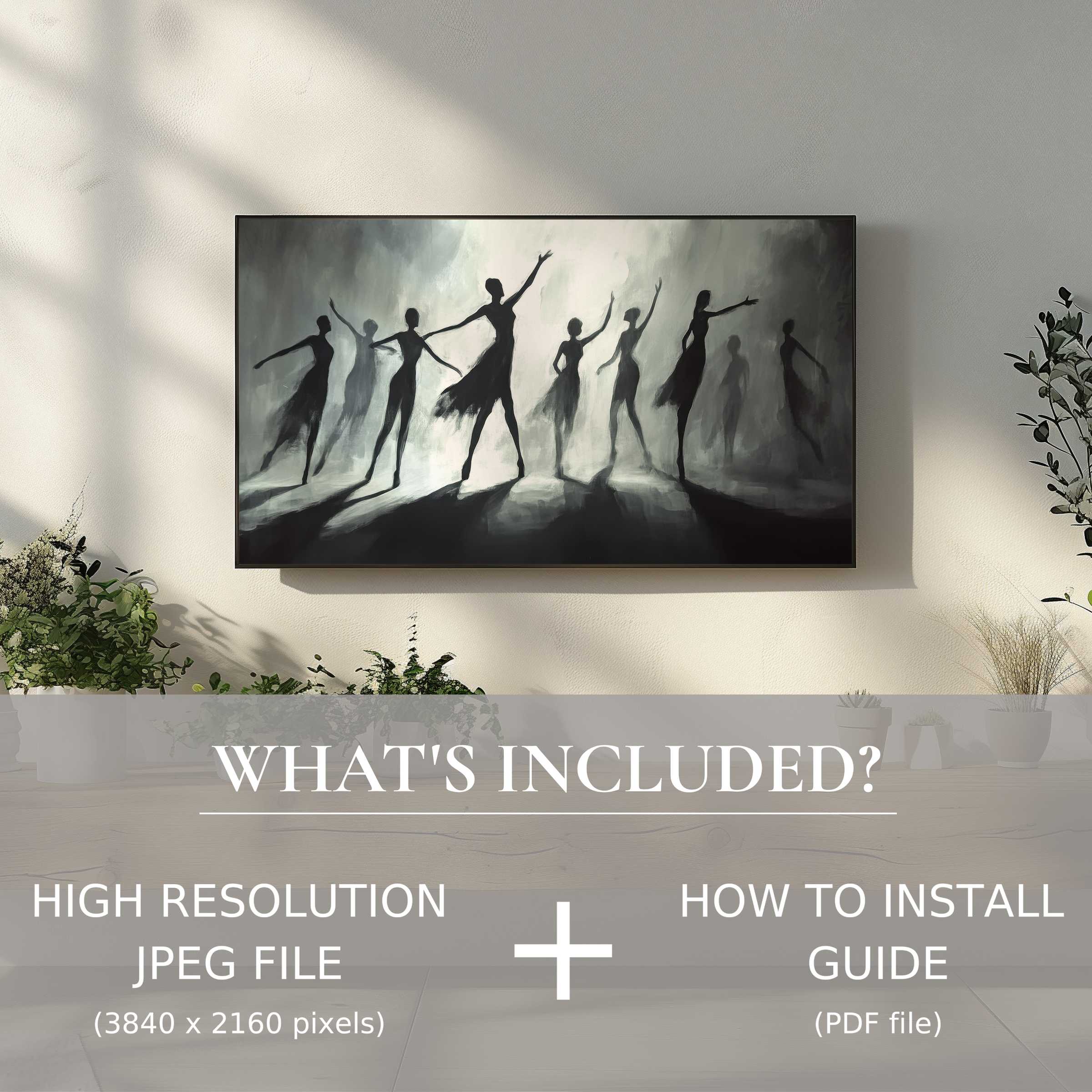 Elegant black and white digital TV art download, effortlessly elevating modern spaces with easy digital use and timeless style