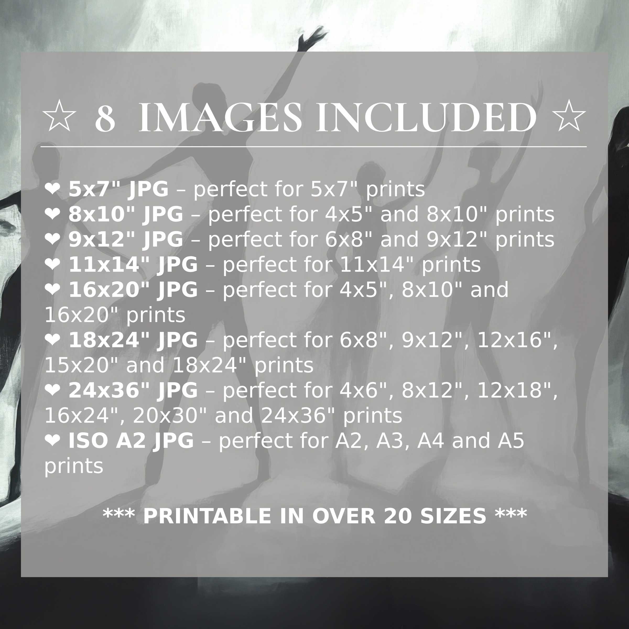 Black and white digital print radiating bold, graceful silhouettes in soft grayscale, elevating modern interiors with 8 high-quality sizes included