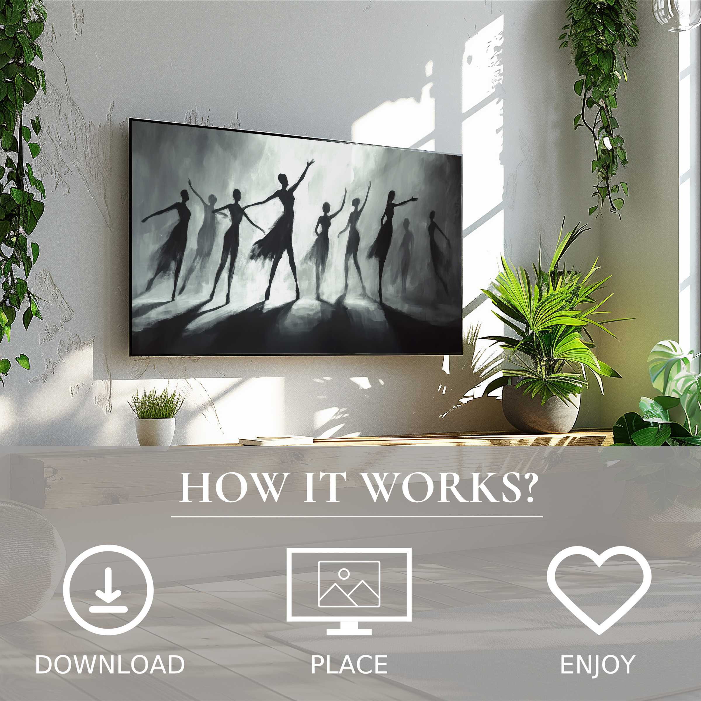 Black and white art for Samsung TV shows abstract dancers in mist, simple digital download enriches modern living rooms