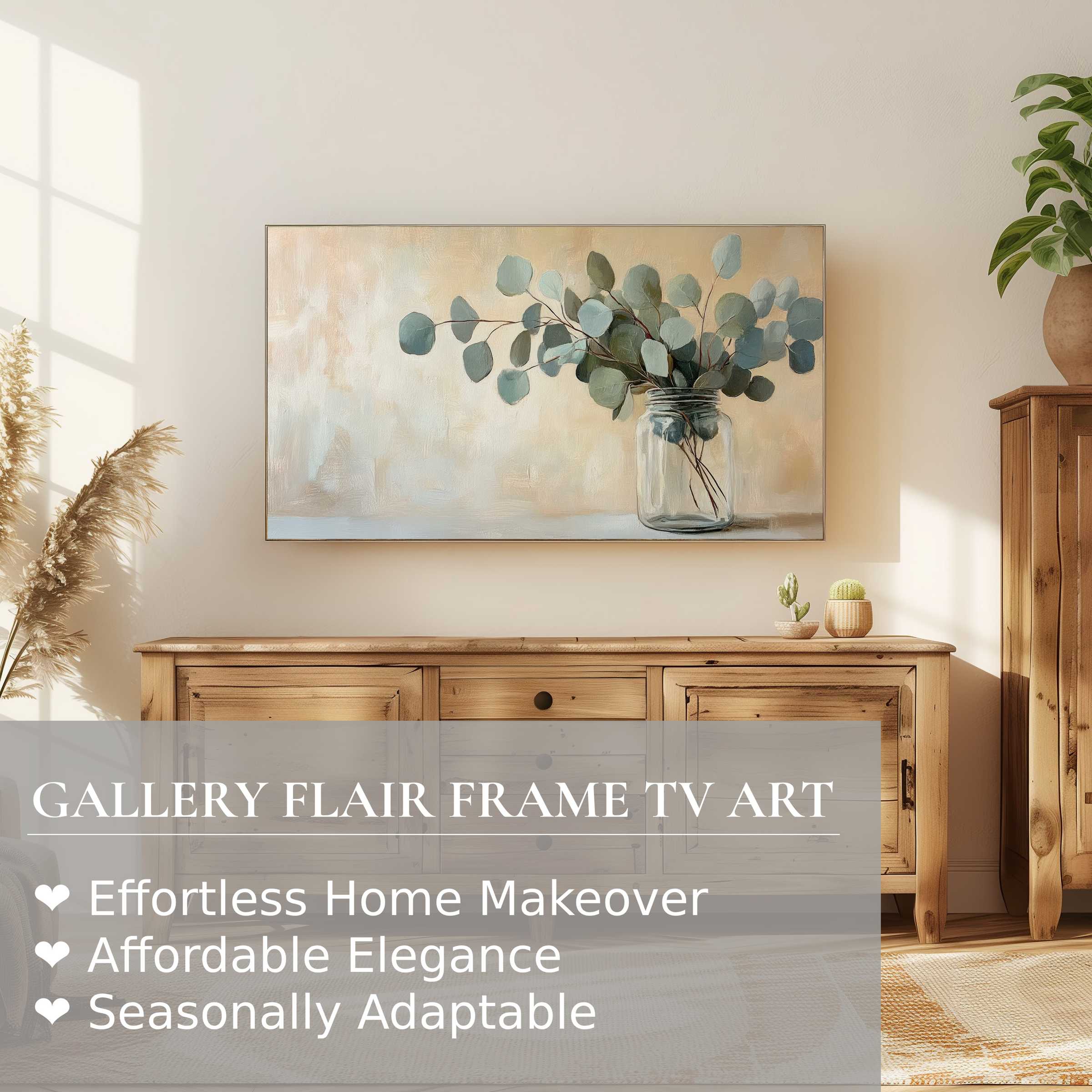 Modern living space with Samsung Frame TV displaying elegant floral digital artwork in muted tones