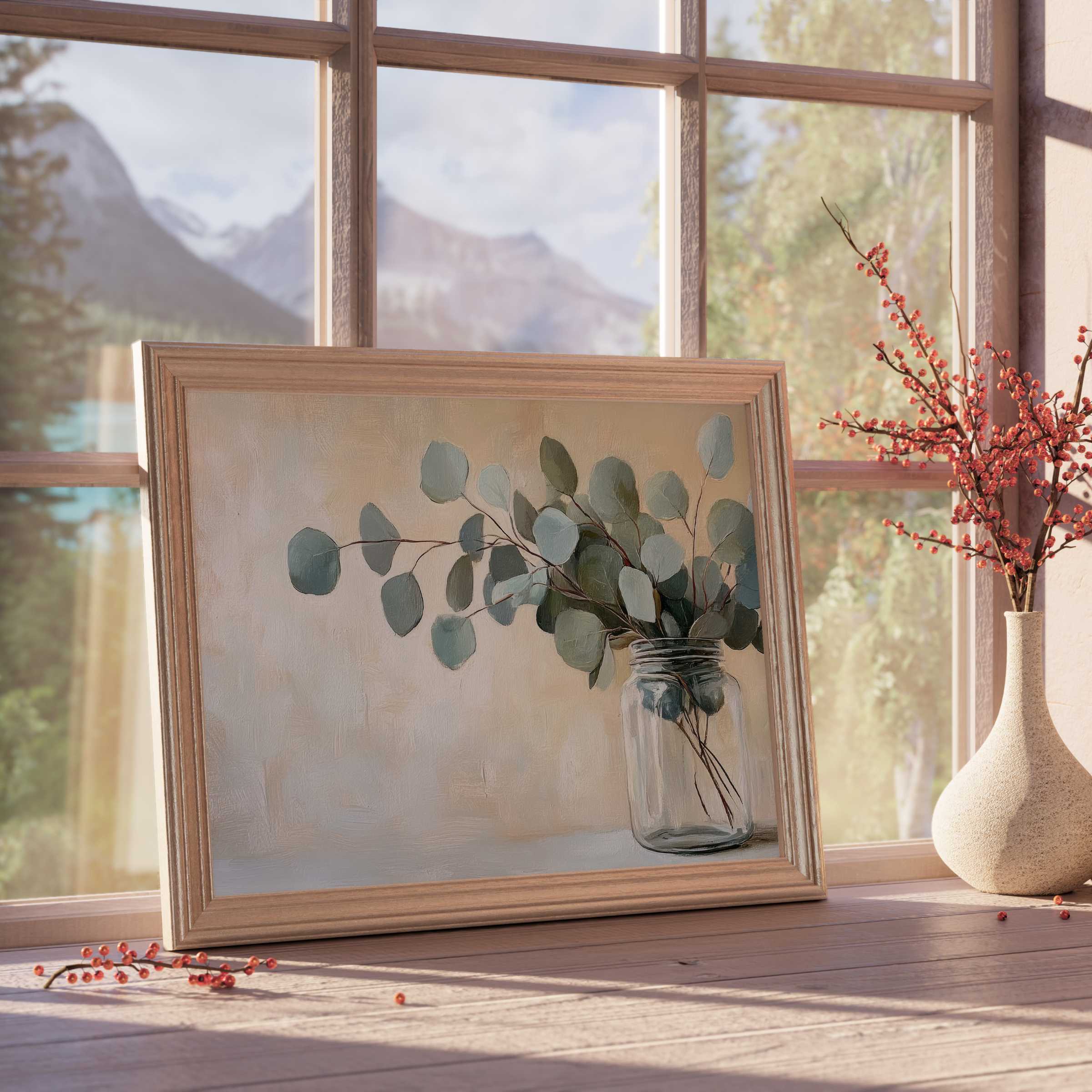 Serene floral downloadable art featuring eucalyptus stems in glass, inspiring calm elegance in curated, nature-infused interiors