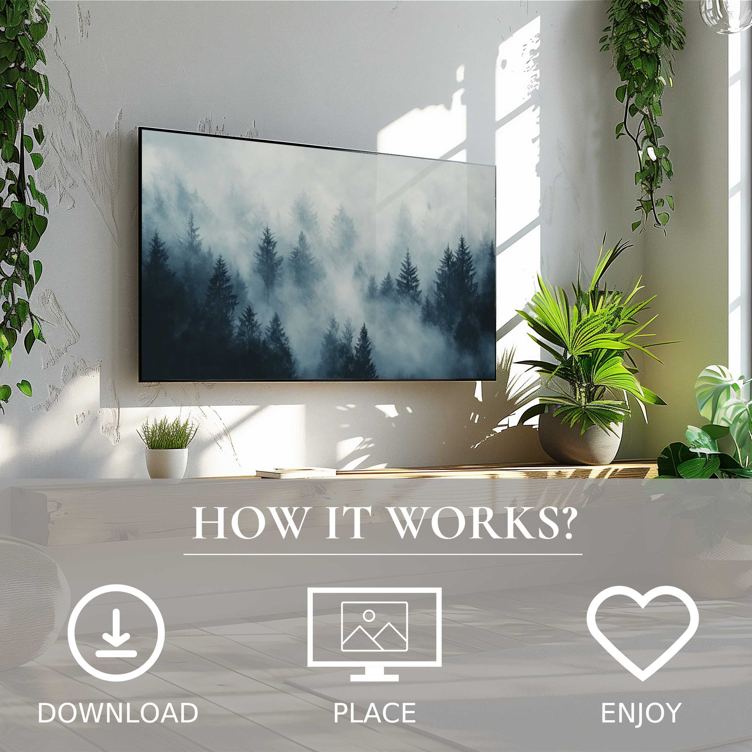 Tree art for Samsung TV shows misty forest motif in soft blue tones; easy digital download enhances modern living spaces
