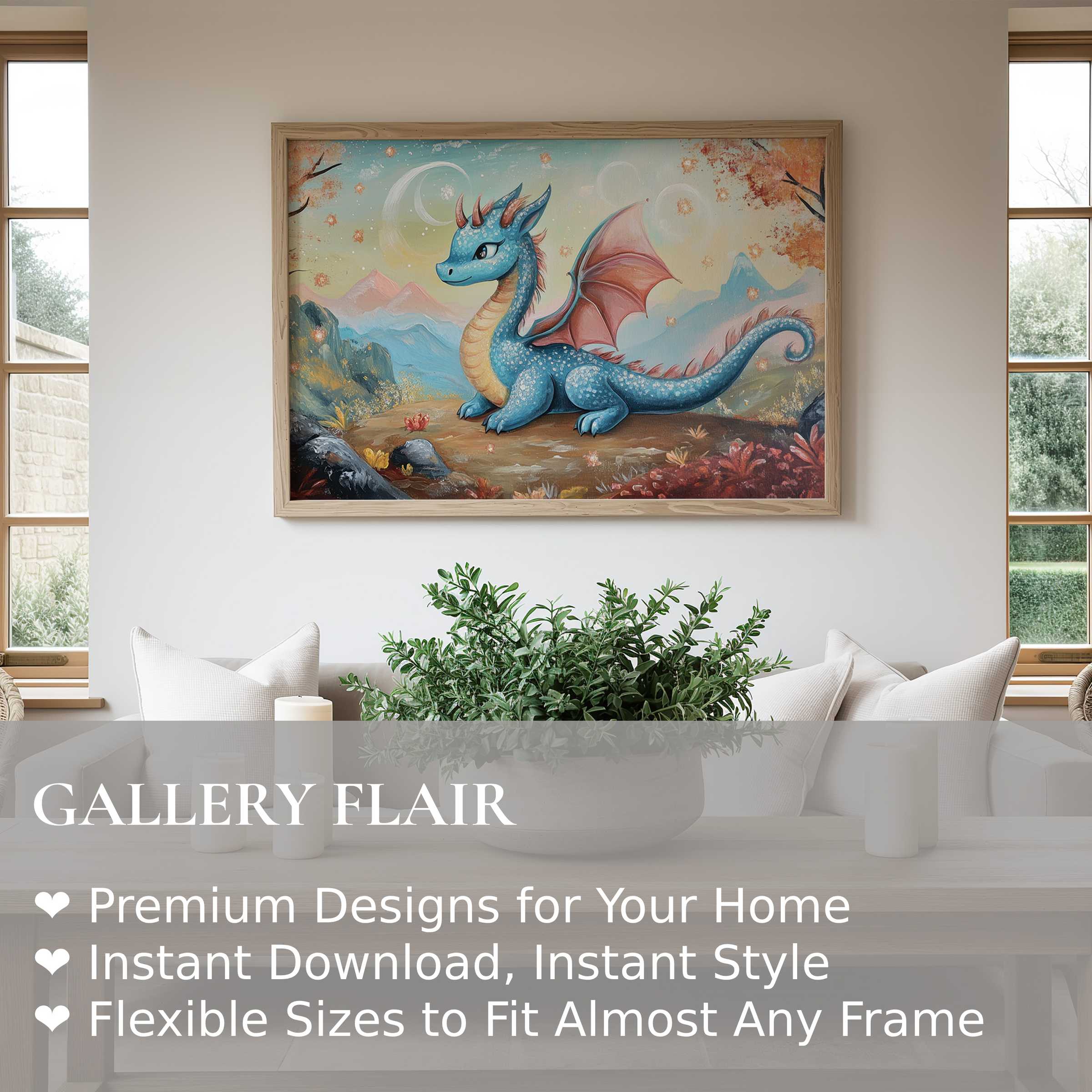 Whimsical nursery wall art print featuring a radiant blue dragon in a soft, calming pastel landscape, enhancing modern nursery decor with charm and warmth