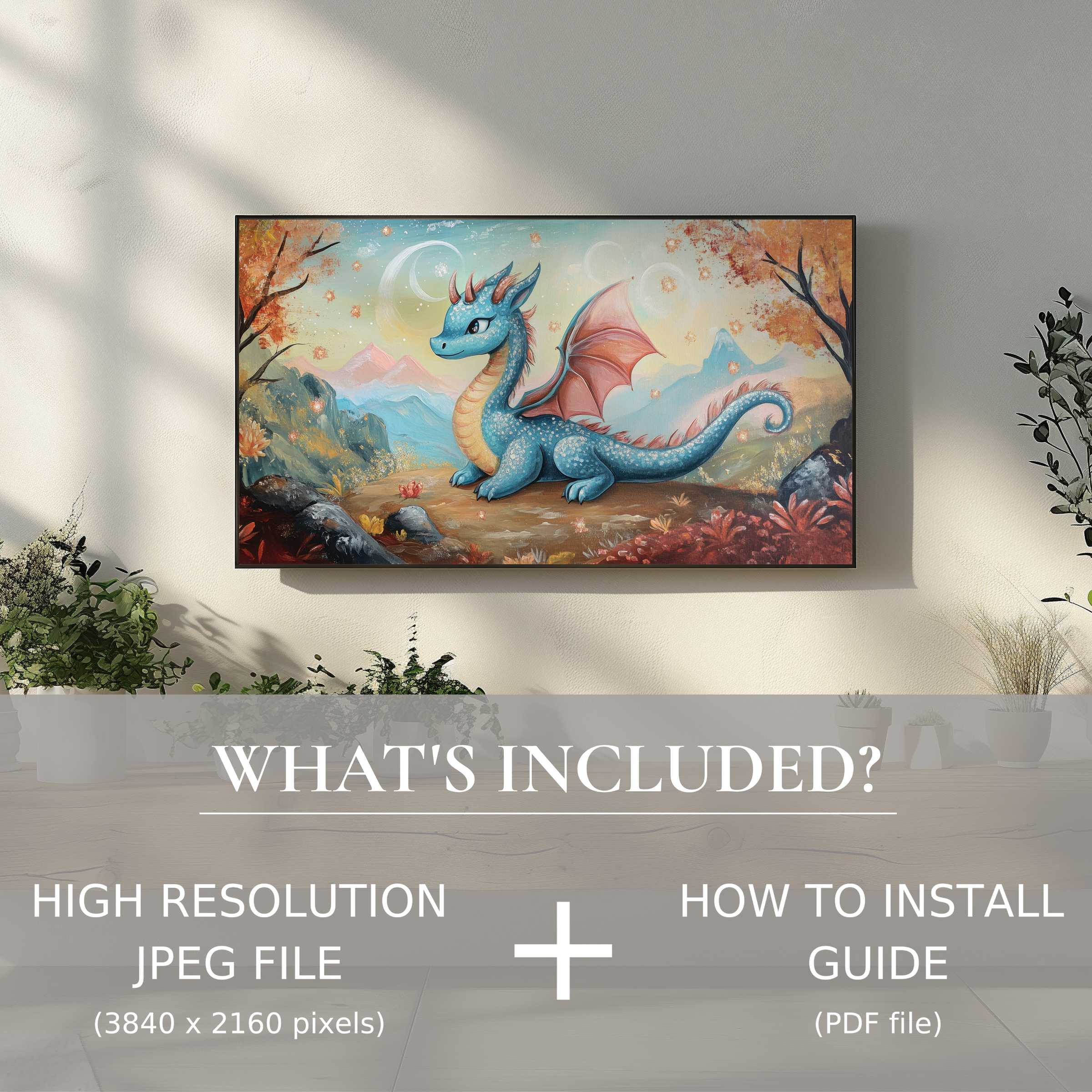 Stylish nursery digital TV art download featuring whimsical dragon, easy to use, elevates modern living space ambiance