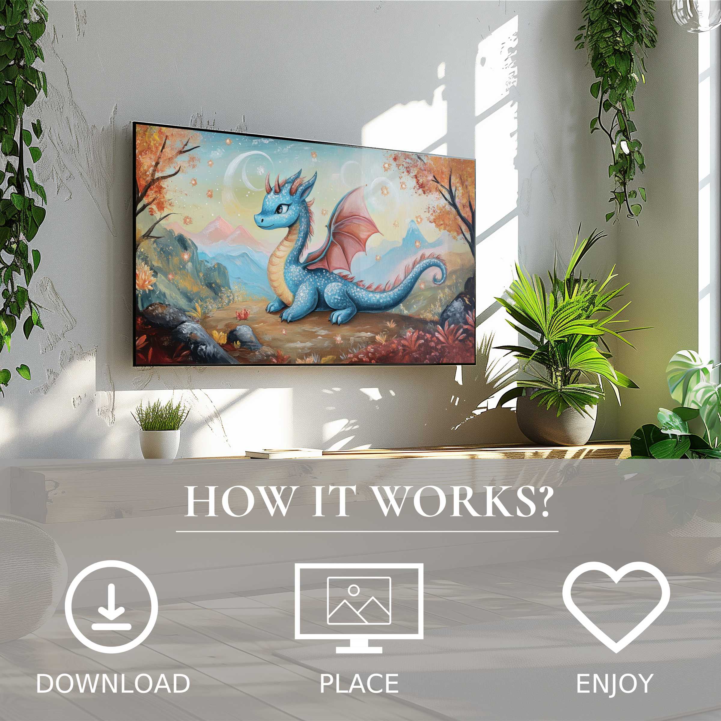 Nursery art for Samsung TV featuring a charming blue dragon motif, easy digital download enriches modern spaces