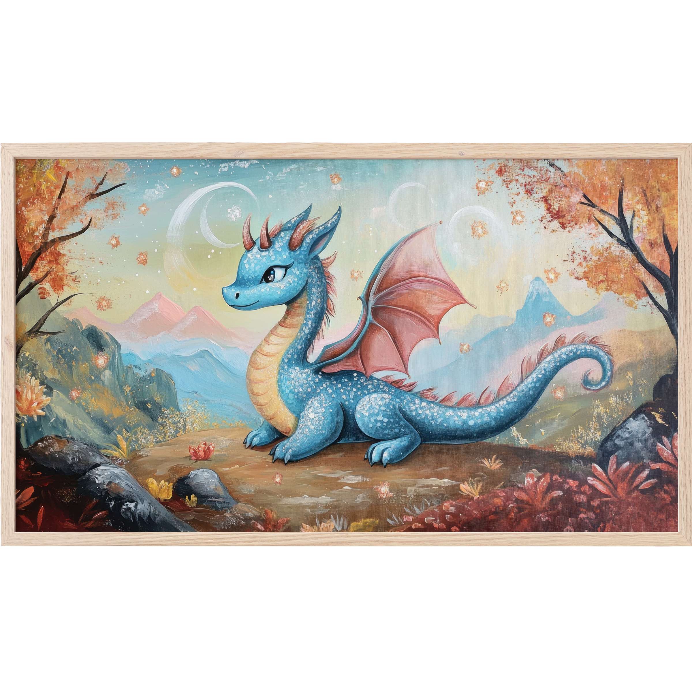 Whimsical blue dragon with pink wings in a dreamy pastel landscape, elegant nursery Frame TV Art for stylish décor